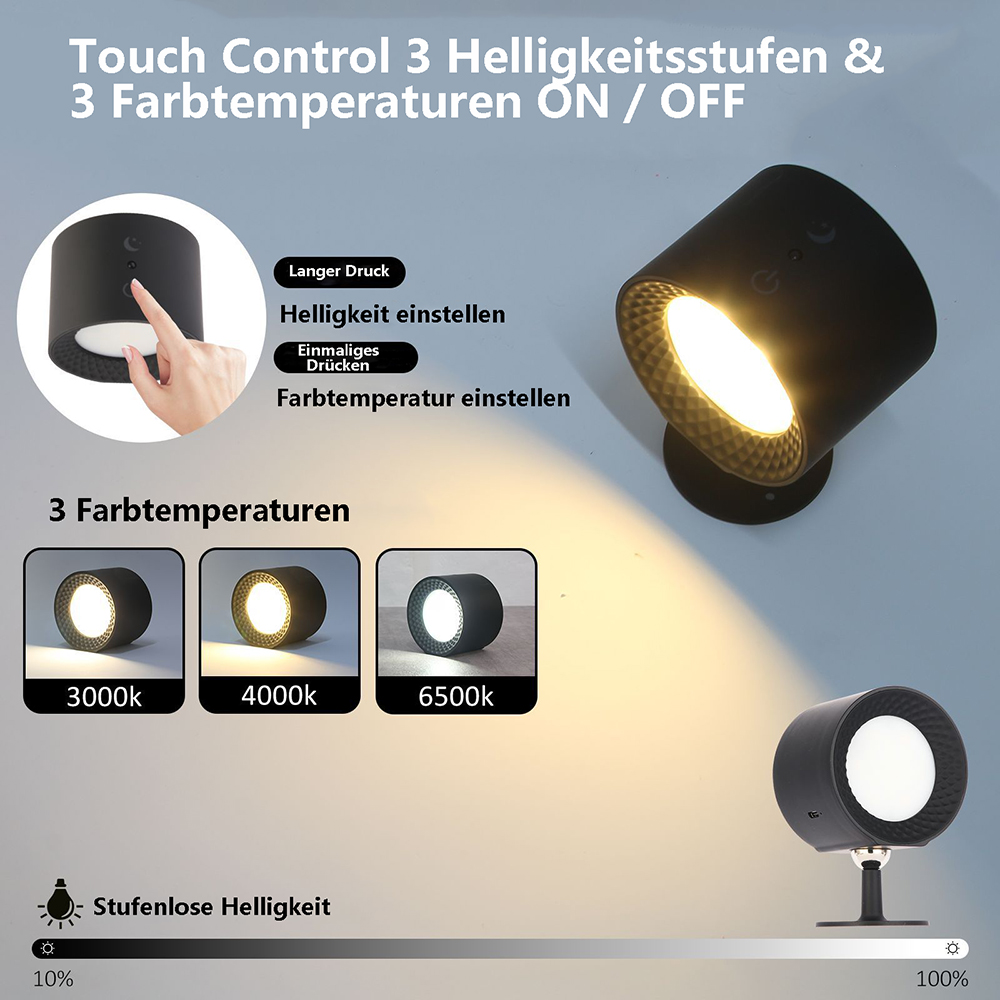 Das Bild zeigt schwarze Strahler mit Touch-Steuerung, mehreren Farbtemperaturen und Helligkeitsstufen. Textlabels beschreiben die Funktionen.