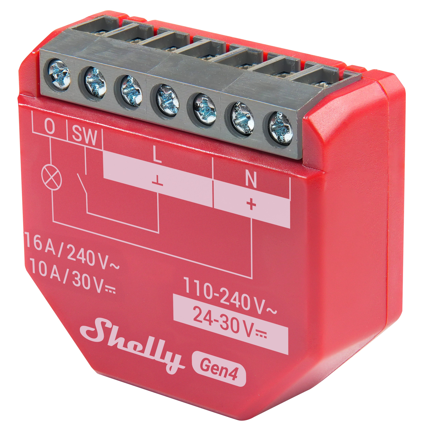 Ein rotes Shelly Gen4-Gerät mit grauem Klemmblock. Es hat Anschlussbezeichnungen und Spannungsspezifikationen.