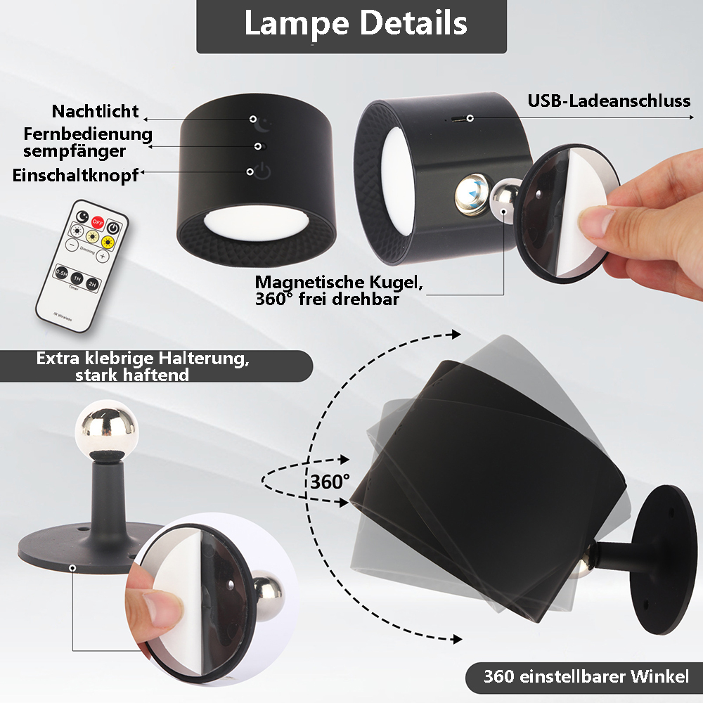 Diagramm einer Lampe mit Details wie USB-Aufladung, Fernbedienung und 360-Grad-Winkel. Verschiedene Komponenten sind abgebildet.