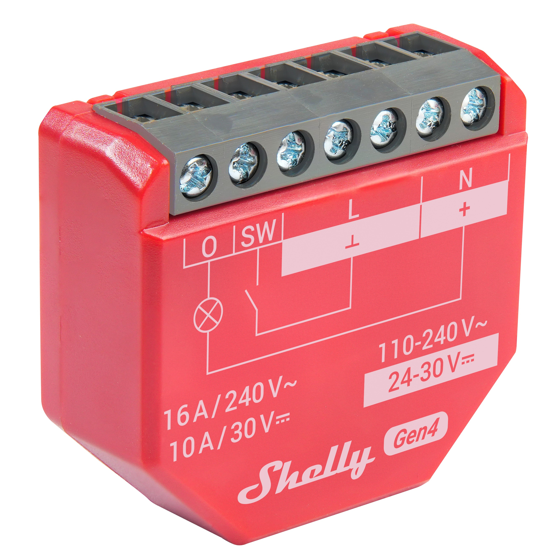 Ein rotes elektrisches Bauteil mit grauen Klemmen. Es hat Etiketten und Diagramme auf der Oberfläche, einschließlich Spannungs- und Stromangaben.