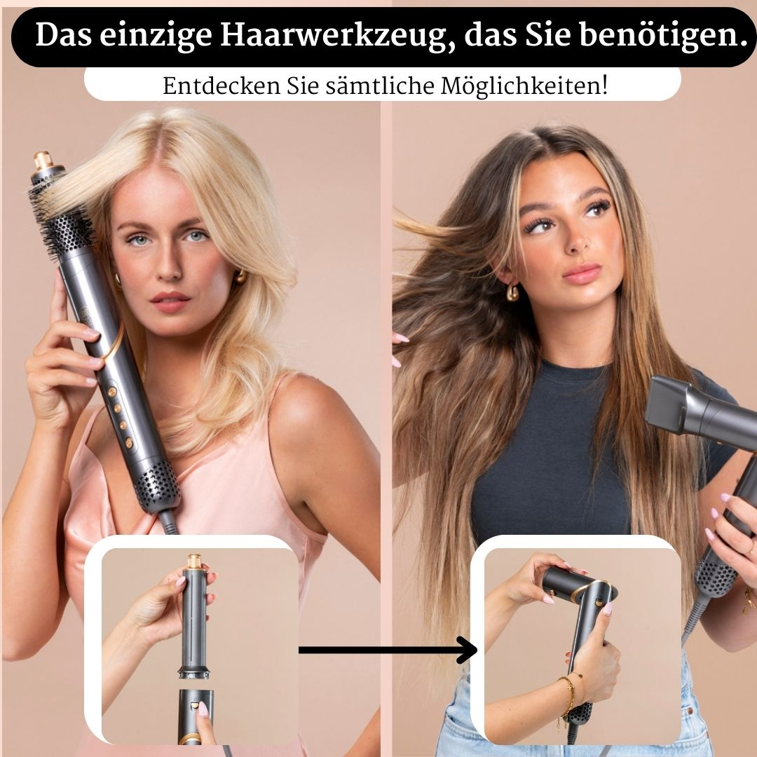 Zwei Frauen benutzen ein Haarstyling-Tool. Eine hält es an die Haare, die andere benutzt es als Trockner. Ein Diagramm zeigt die Teile.