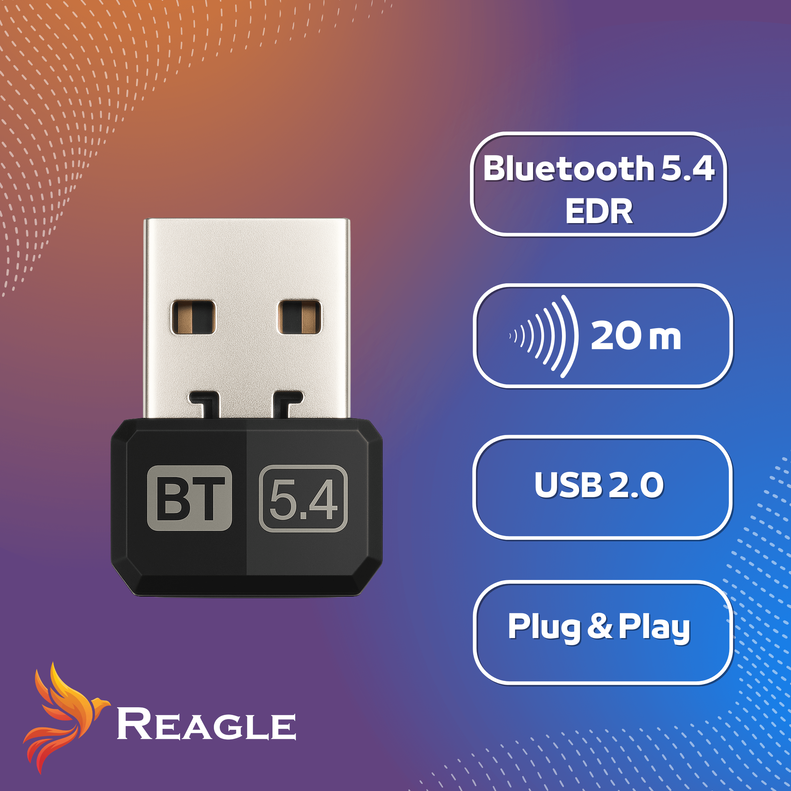 Czarny adapter Bluetooth USB z 'BT 5.4'. Posiada Bluetooth 5.4 EDR, zasięg 20m, USB 2.0 i Plug & Play.