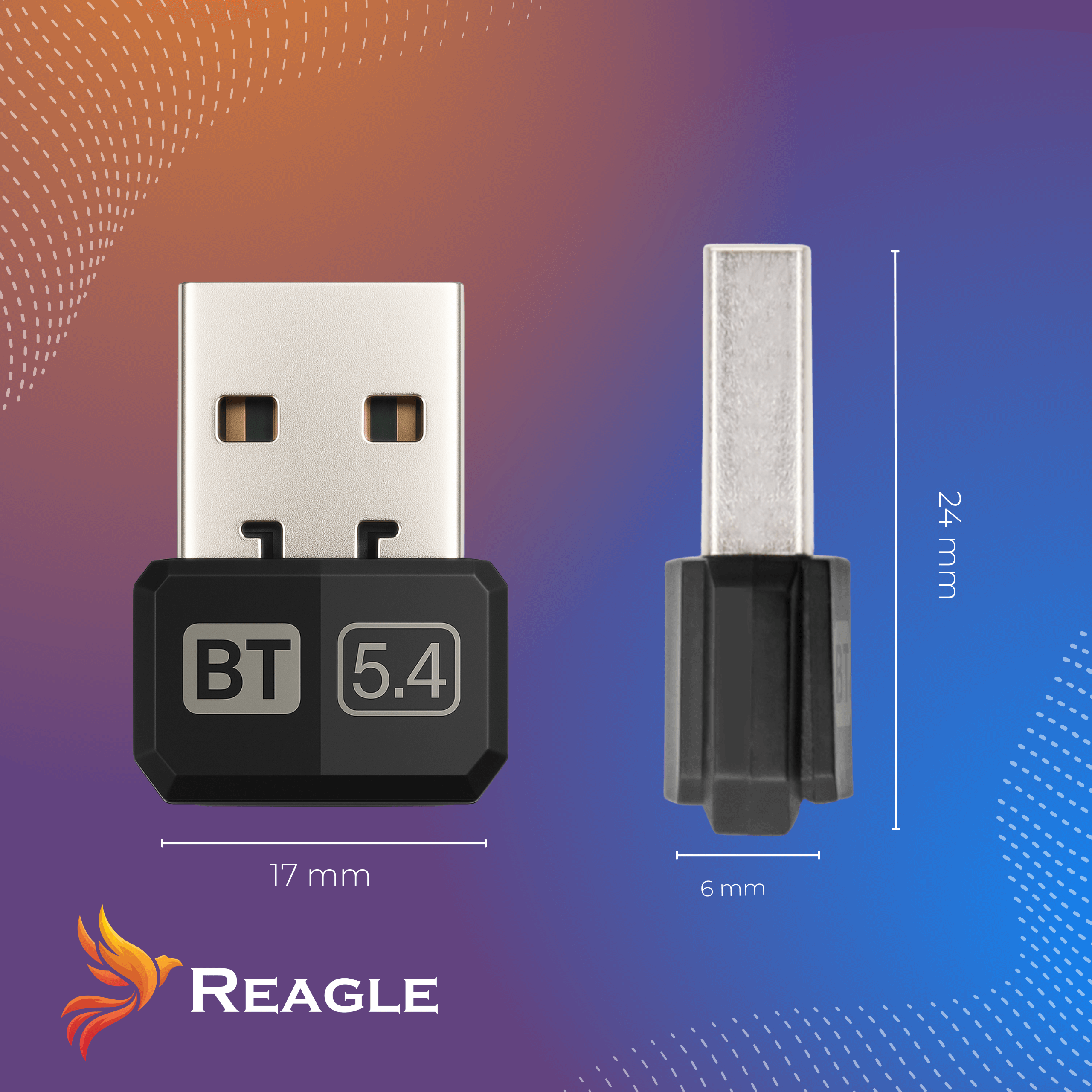 Obraz przedstawia czarny adapter USB Bluetooth z wymiarami. Logo i tekst marki na dole.