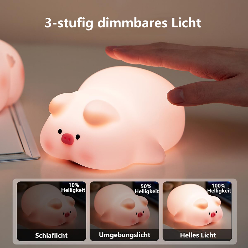 Ein leuchtendes Schweinchen-Nachtlicht mit einer Hand darüber. Es gibt drei Helligkeitsstufen: gedimmt, Umgebungslicht und hell.
