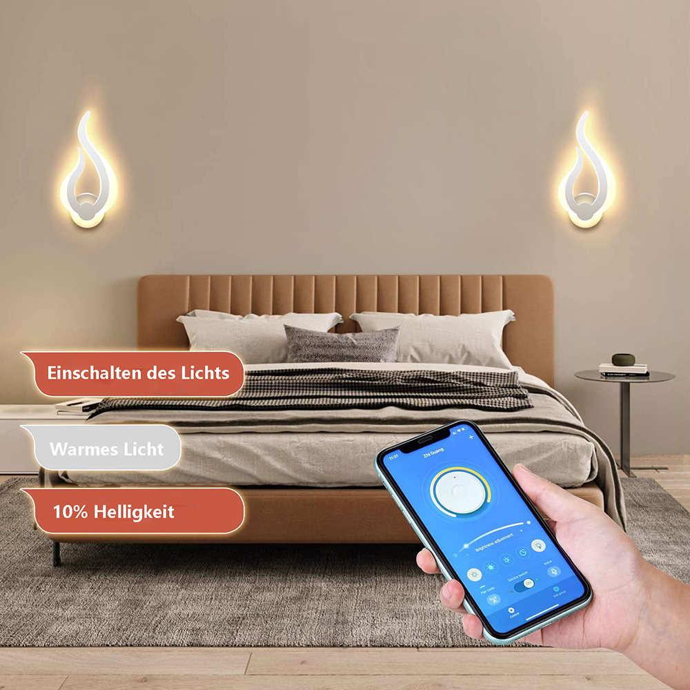 Schlafzimmer mit intelligenten Lichtern. Eine Person steuert Lichter per Telefon. Zwei Wandlampen über dem Bett. Textbeschriftungen.