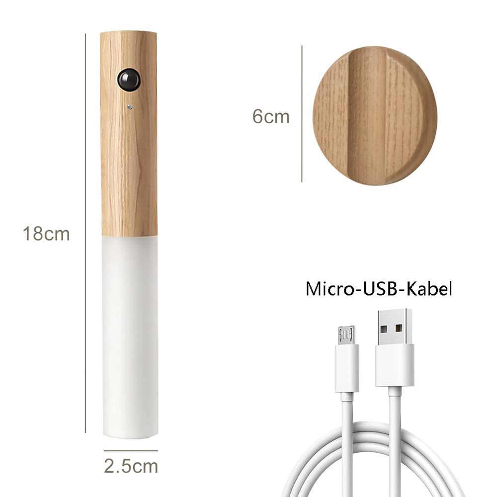 Lampe mit Holzaufsatz, mit Maßangaben. Ein rundes Holzstück und ein USB-Kabel sind ebenfalls abgebildet. Text: Micro-USB-Kabel.