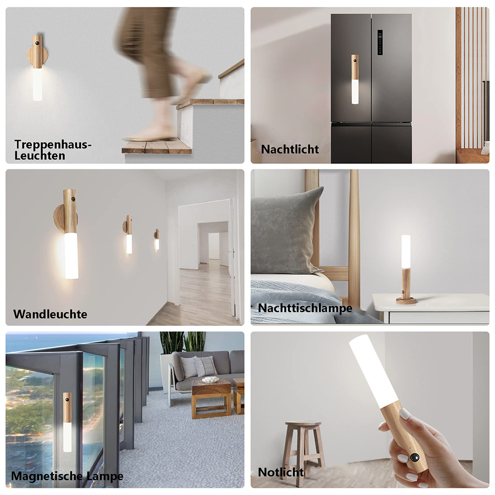 Das Bild zeigt verschiedene Anwendungen eines Holz- und weißen LED-Lichts: Treppenhaus, Kühlschrank, Wand, Nachttisch, Magnetlampe und Handgerät.