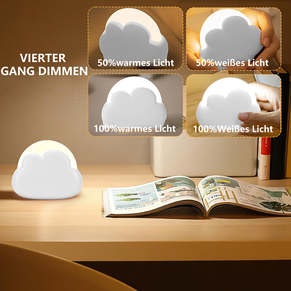 Eine wolkenförmige Lampe steht auf einem Holztisch. Das Bild zeigt vier Beleuchtungsmodi und Texte wie '50% warmes Licht' und '100% weißes Licht'.
