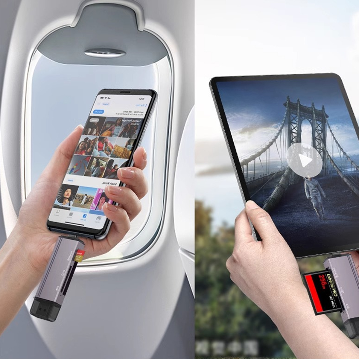 Eine Person hält ein Telefon und ein Tablet, die jeweils mit einem Kartenleser verbunden sind. Das Telefon zeigt Fotos, das Tablet ein Brückenvideo.