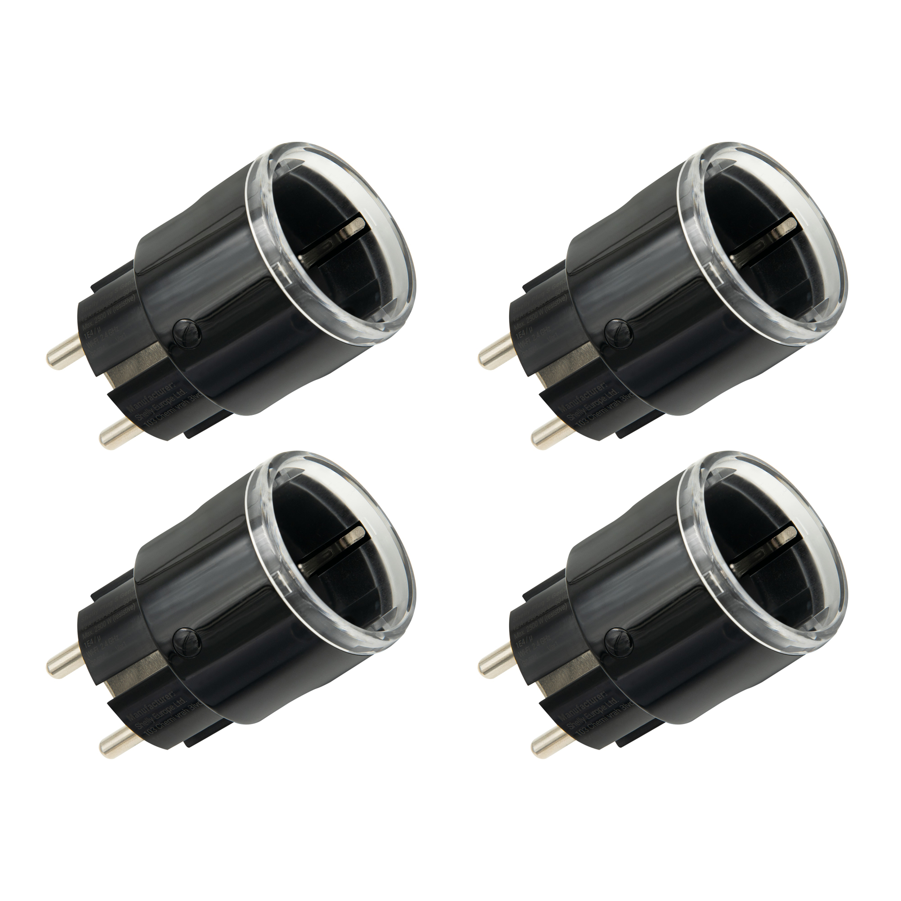 Vier schwarze Netzstecker mit transparentem Kunststoff am oberen Rand, diagonal auf weißem Grund angeordnet.