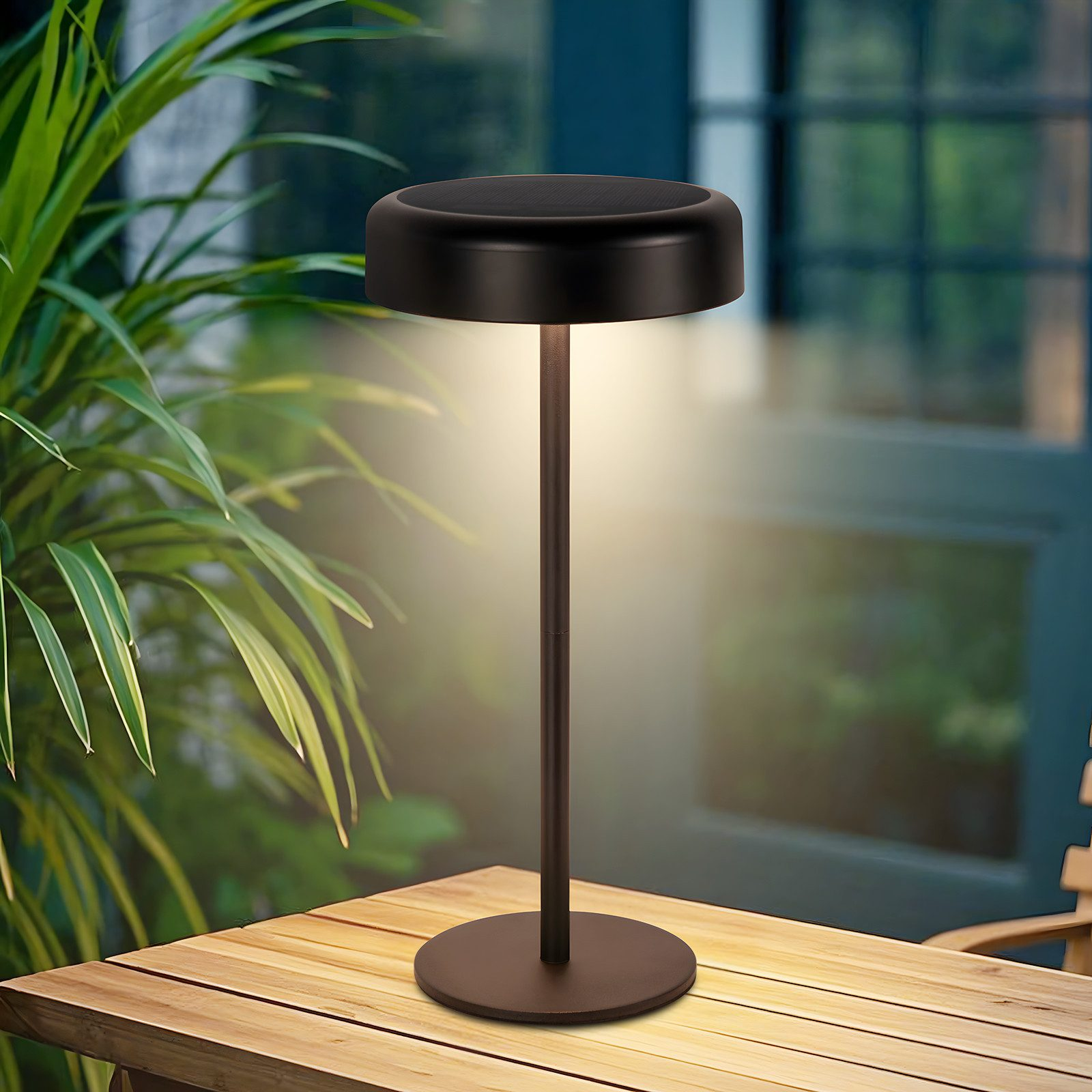 Una lampada solare nera su un tavolo di legno all'aperto. Piante verdi e una finestra sullo sfondo.