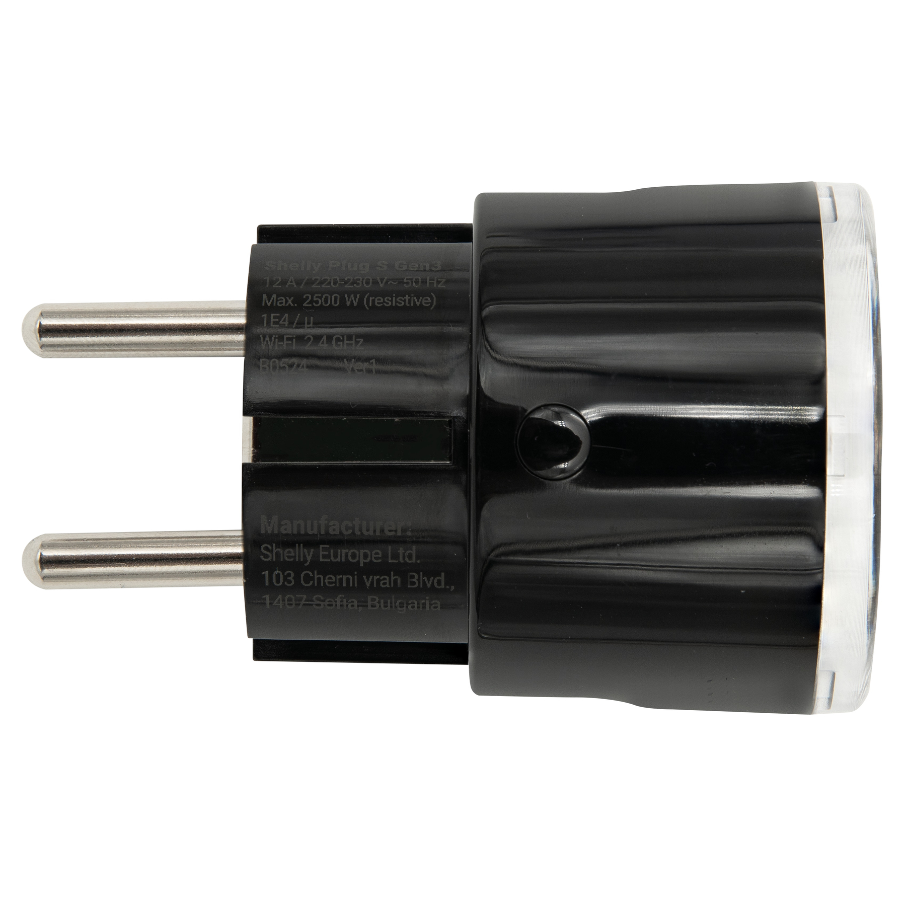 Czarna wtyczka Shelly z dwoma srebrnymi pinami. Tekst na wtyczce wskazuje specyfikacje i dane producenta.