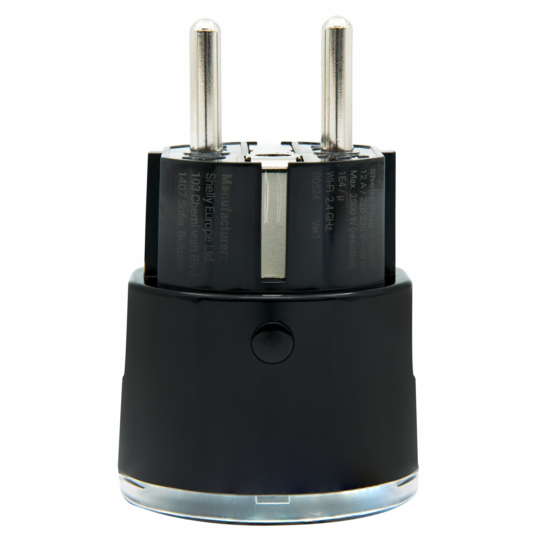 Czarna wtyczka Shelly z dwoma srebrnymi bolcami. Posiada przycisk i etykiety tekstowe.