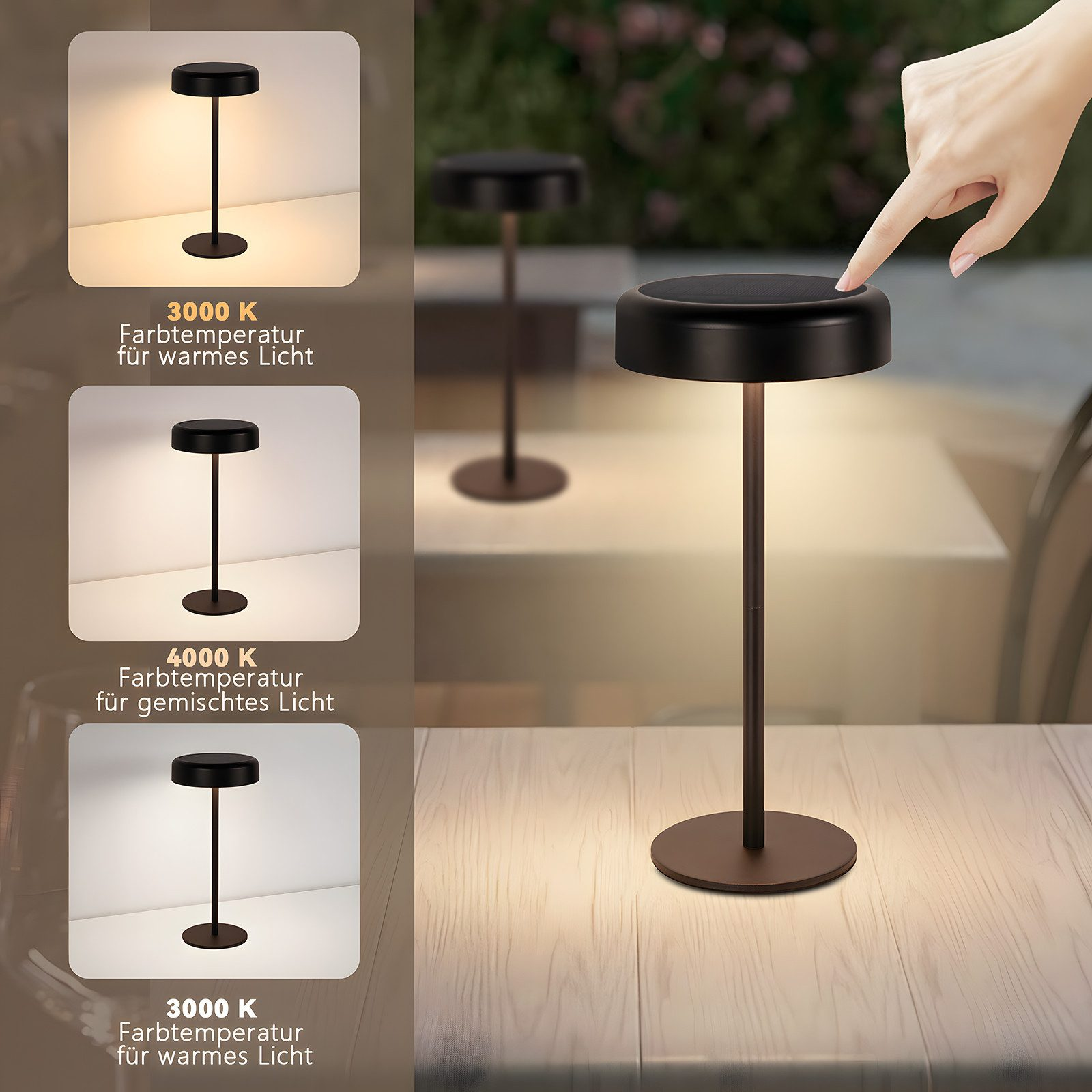 Una mano tocca una lampada nera su un tavolo di legno. La lampada è bronzo con base e parte superiore rotonde.