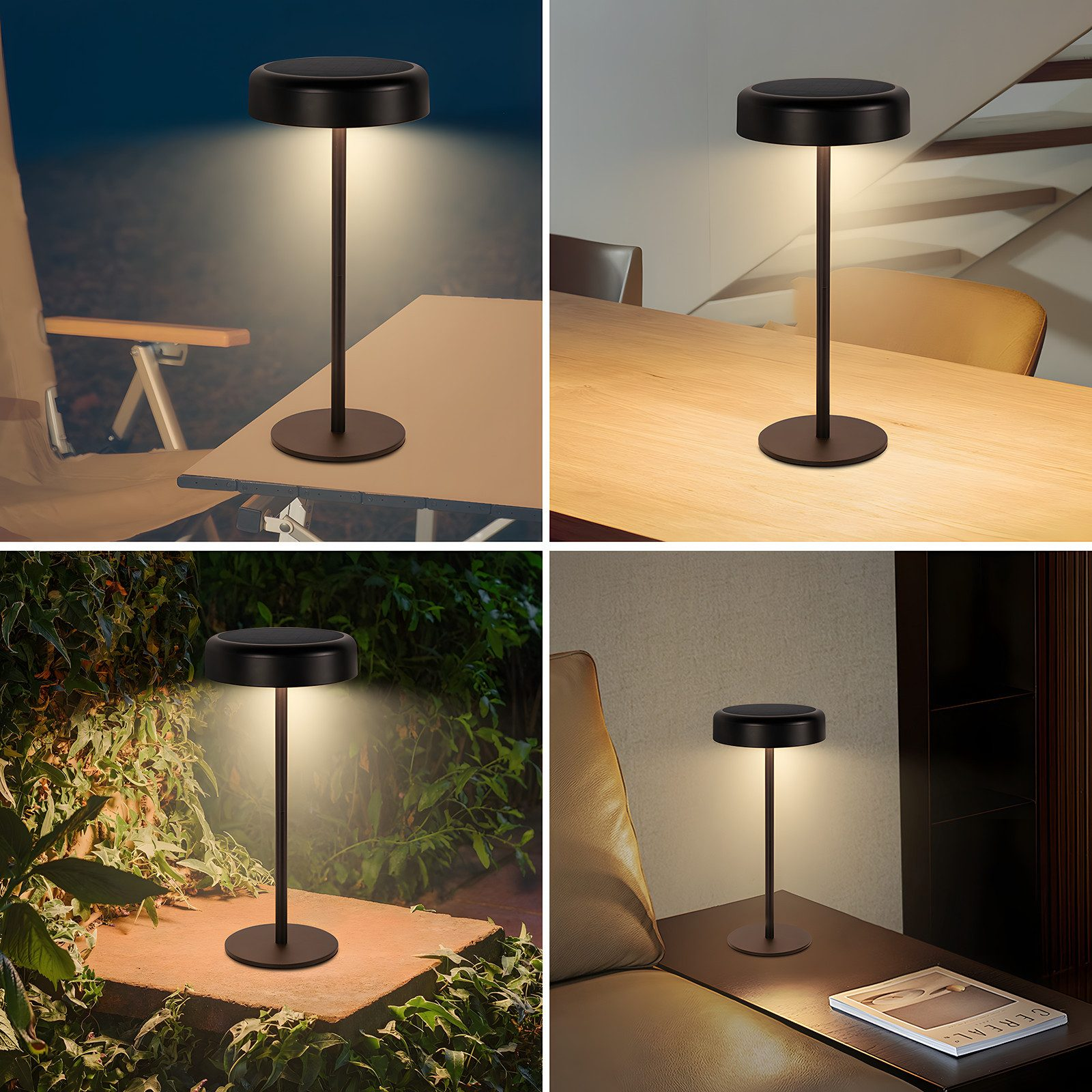Una lampada nera con paralume e base rotondi, su un tavolo. Varie ambientazioni mostrano sfondi diversi.