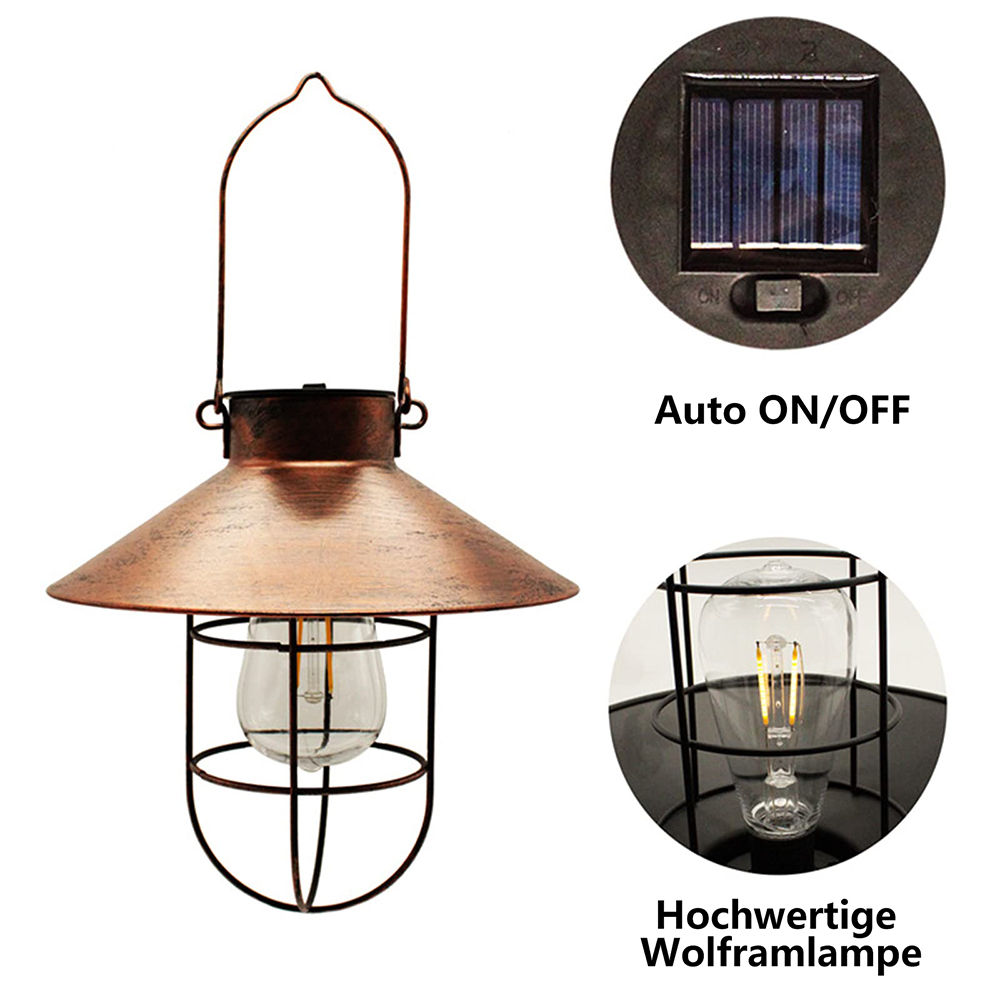 Eine Solarleuchte im Vintage-Stil mit kupferfarbenem Lampenschirm und Käfigglühbirne. Enthält Details zum Solarpanel und zur Wolframlampe.