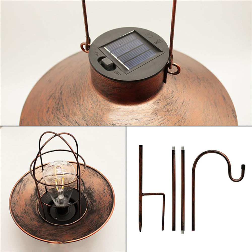 Solarbetriebene Laterne mit Metallkäfig, Glühbirne und Montagepfosten. Rustikaler Stil mit sichtbarem Solarpanel und Ein/Aus-Schalter.