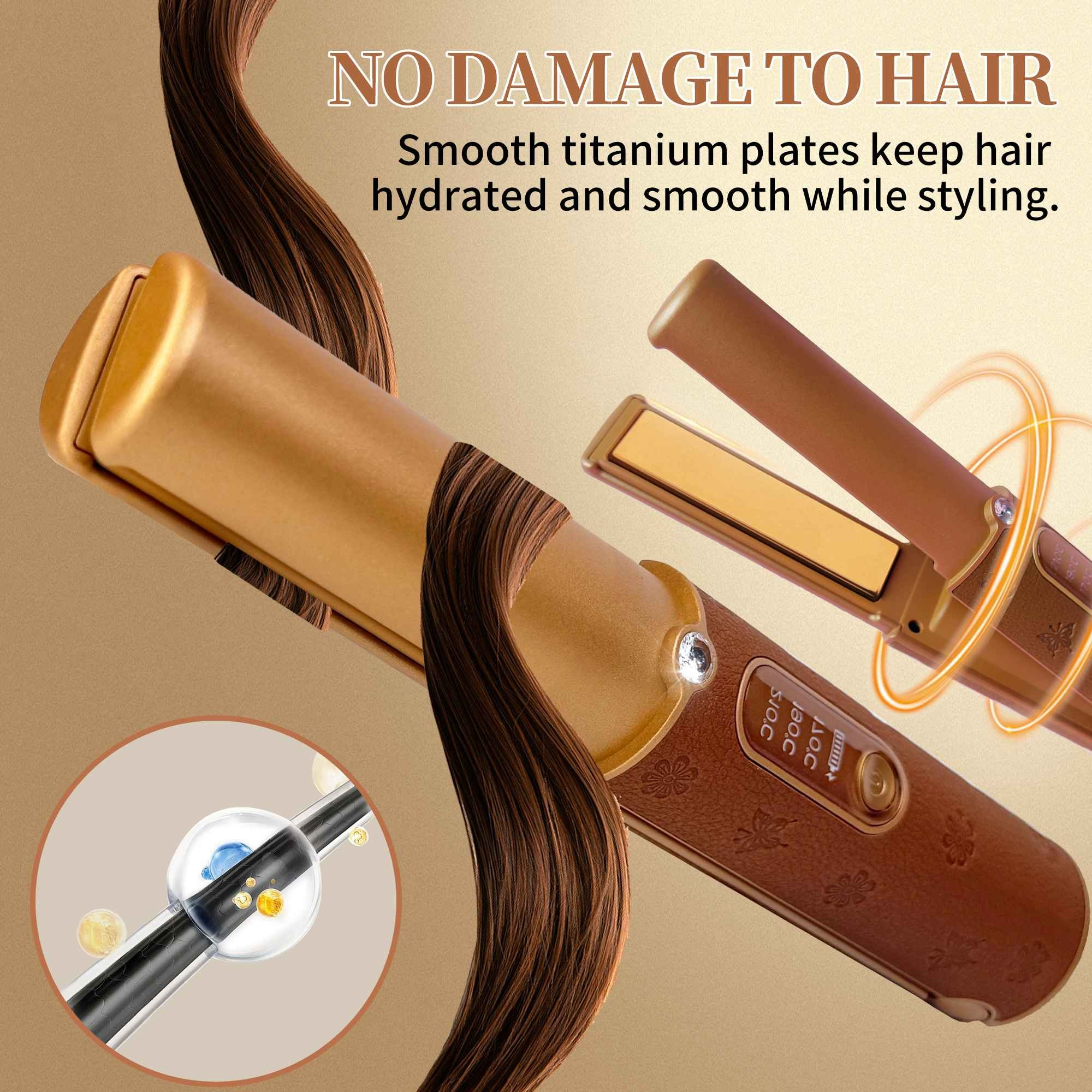 Ein Haarglätter mit braunen Haarsträhnen. Der Text lautet 'KEINE HAARSCHÄDEN'. Es hat goldene Platten und einen braunen Griff.