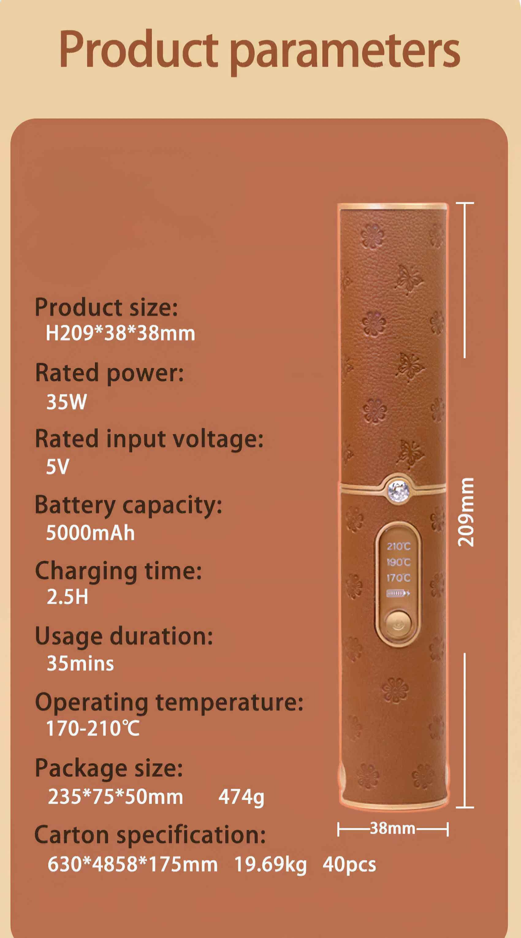 Eine Grafik mit Produktparametern zeigt ein braunes Haarstyling-Gerät mit Spezifikationen. Der Text umfasst Größe, Leistung, Spannung, Batterie, Ladezeit und Temperatur.