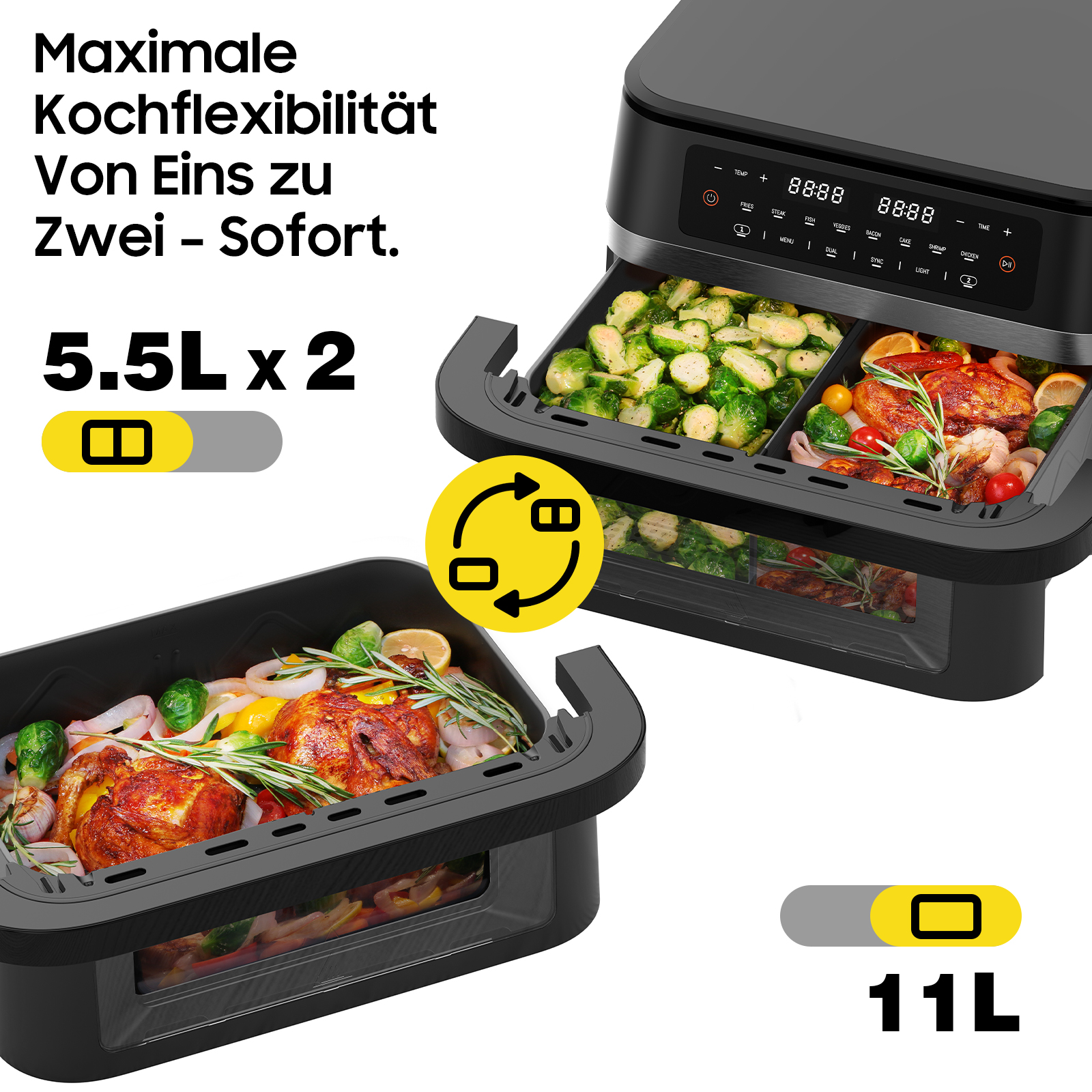 Eine Heißluftfritteuse mit zwei Fächern, eines mit Rosenkohl und das andere mit Brathähnchen. Digitalanzeige und Bedienfeld.