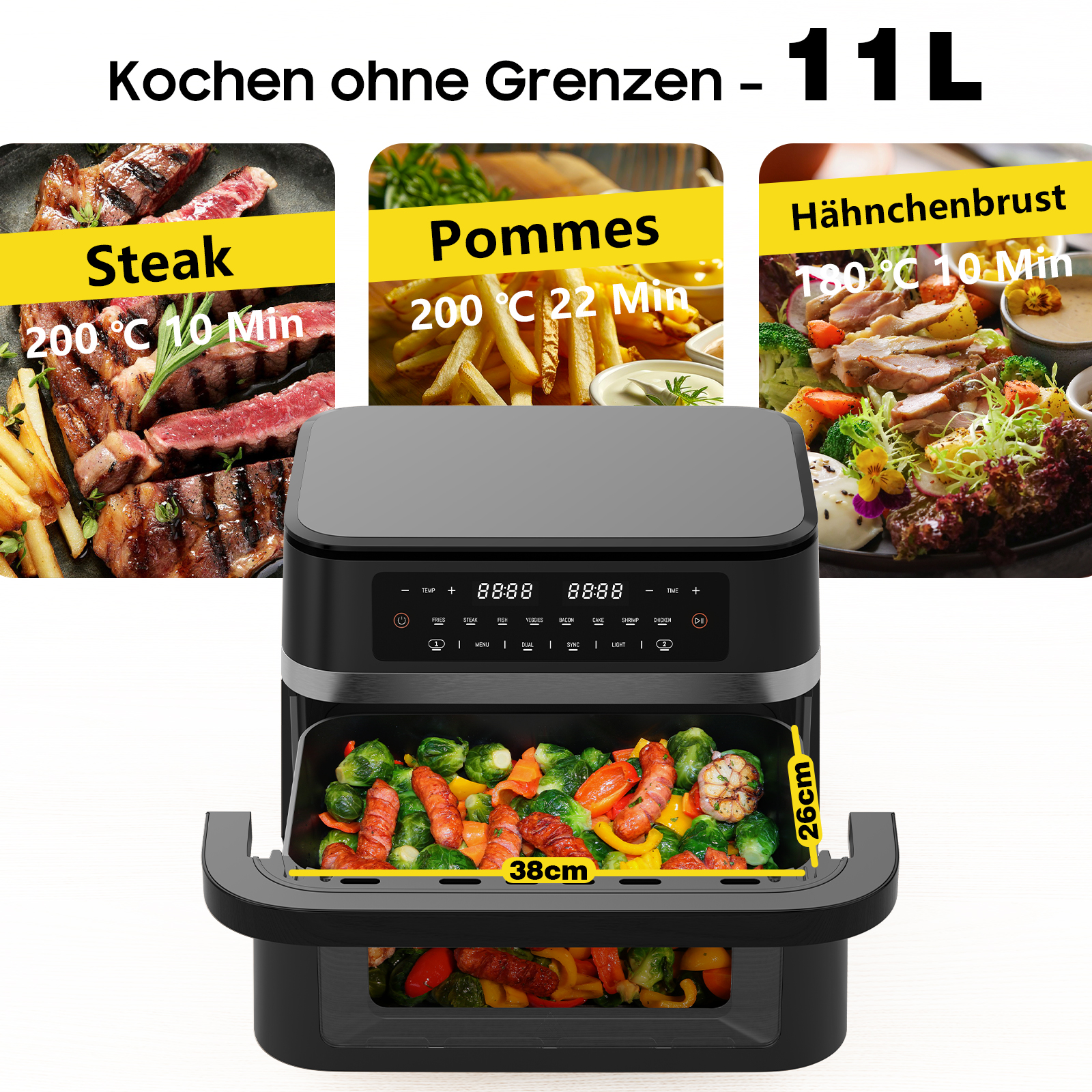 Eine Heißluftfritteuse mit Speiseoptionen: Steak, Pommes Frites und Hähnchenbrust. Sie zeigt auch Kochtemperaturen und -zeiten.