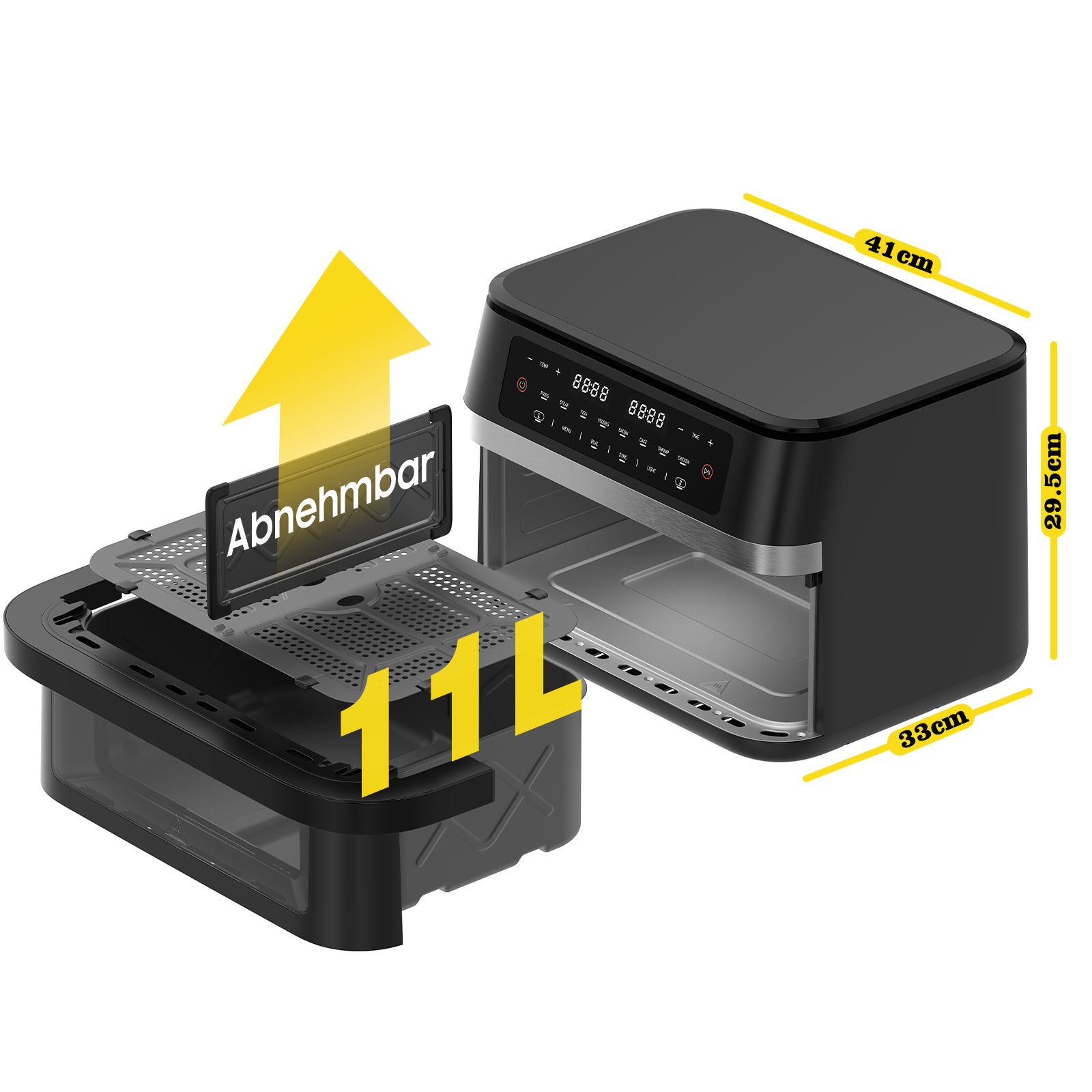 Schwarze Heißluftfritteuse mit abnehmbaren Teilen, Abmessungen beschriftet. Enthält ein digitales Display und einen Pfeil nach oben.