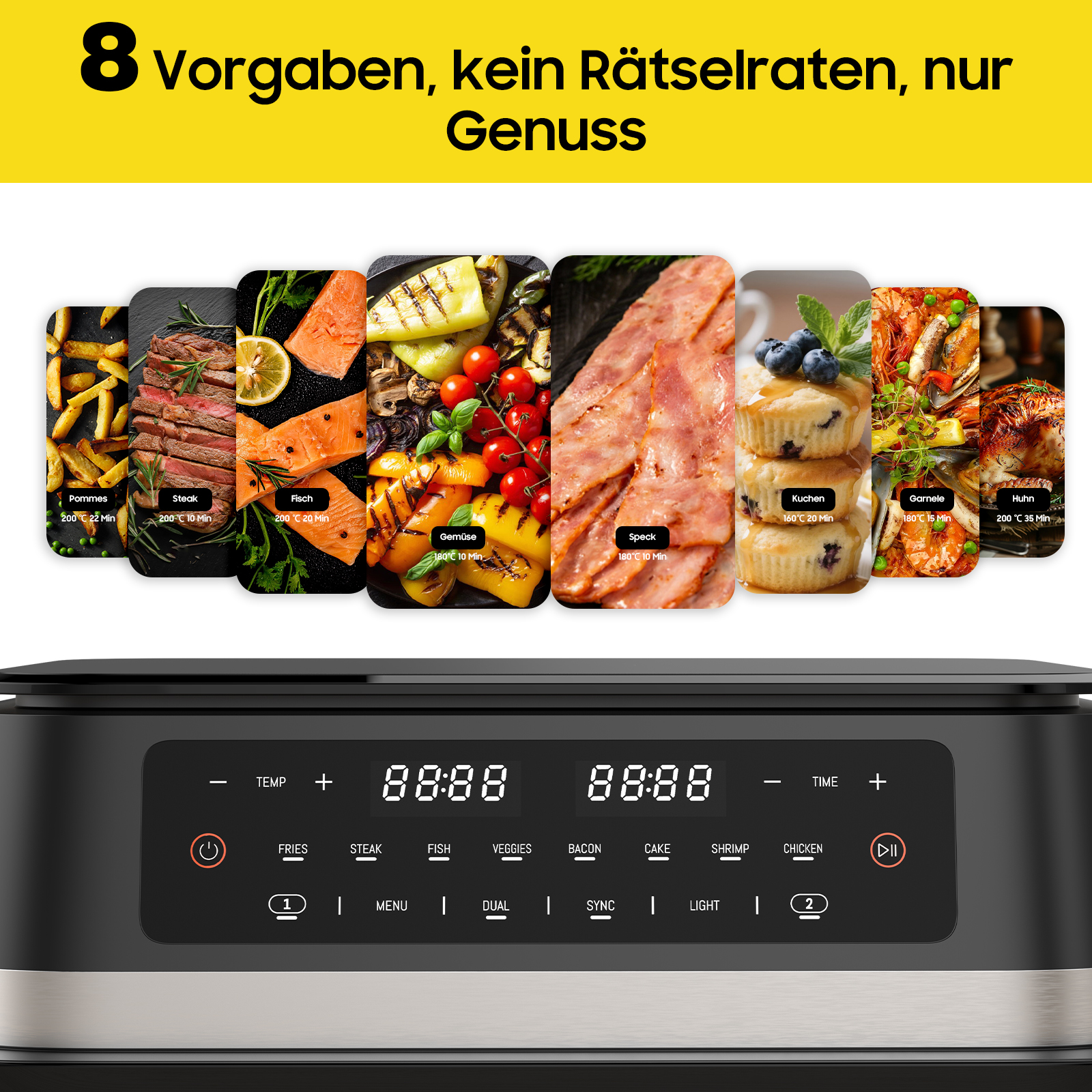 Ein Airfryer mit Digitalanzeige und Speiseoptionen. Oben sind Bilder von Pommes, Steak, Fisch, Gemüse, Speck, Kuchen, Garnelen und Huhn.