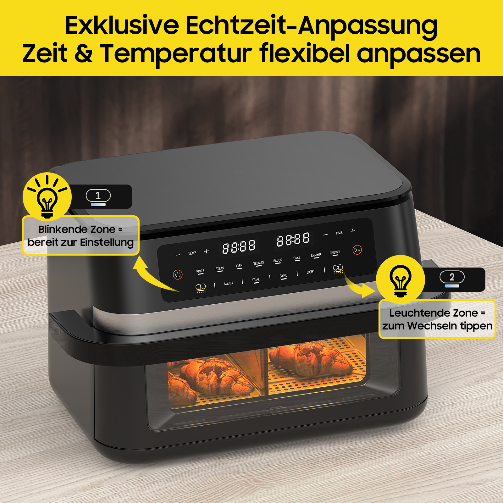 Schwarze Heißluftfritteuse mit Digitalanzeige. Croissants sichtbar. Gelber Text: 'Zeit & Temperatur flexibel anpassen'.