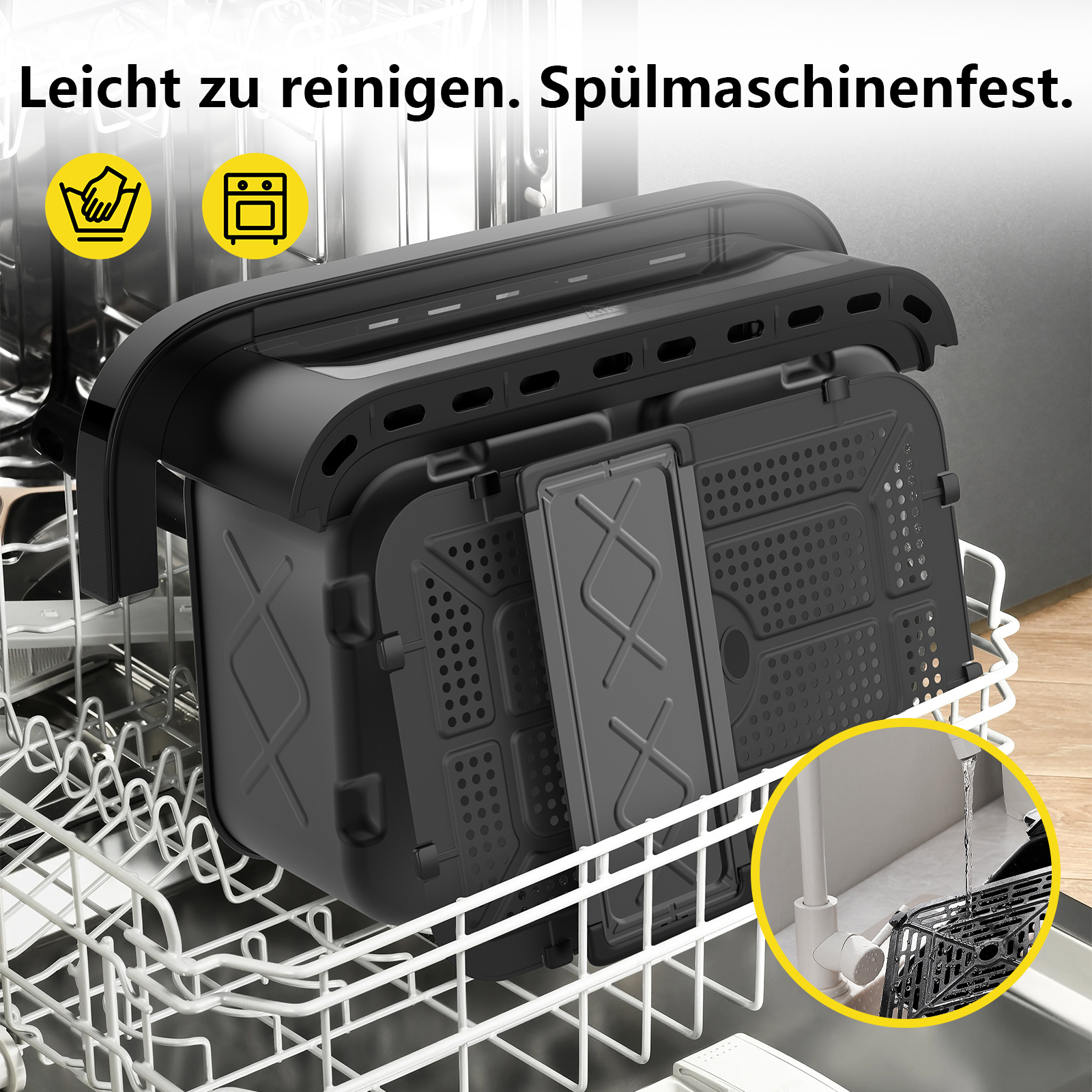 Schwarze Airfryer-Teile in einem Geschirrspüler. Der Geschirrspüler ist weiß. Text oben sagt leicht zu reinigen, spülmaschinenfest.