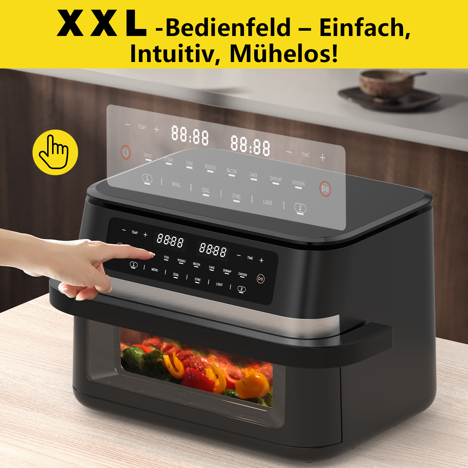 Ein schwarzer Airfryer auf einem Tisch. Eine Hand berührt das Bedienfeld. Essen ist sichtbar.