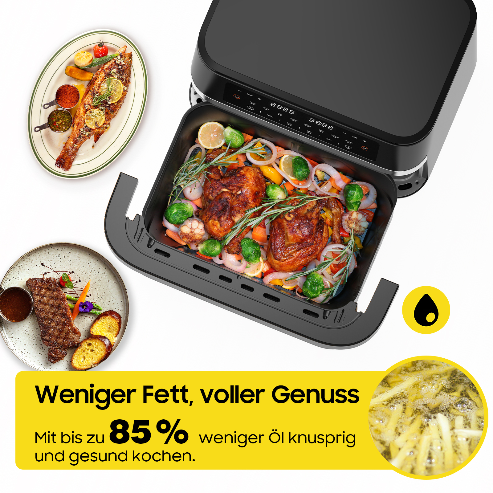 Ein Airfryer mit gekochtem Hähnchen und Gemüse sowie Tellern mit Essen. Der Text lautet: „Weniger Fett, voller Genuss. Bis zu 85 % weniger Öl“.