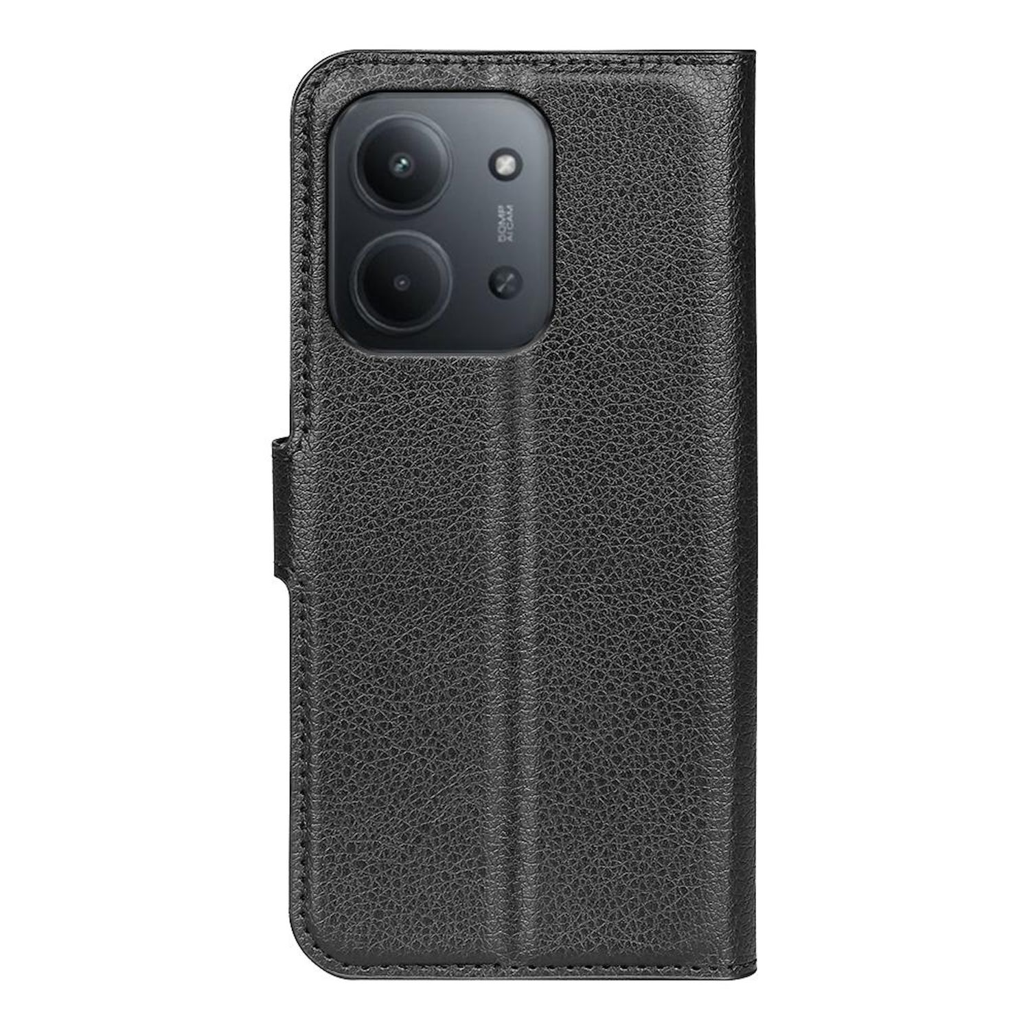 Funda de cuero negra para teléfono con módulo de cámara visible. La funda está cerrada. El fondo es blanco.