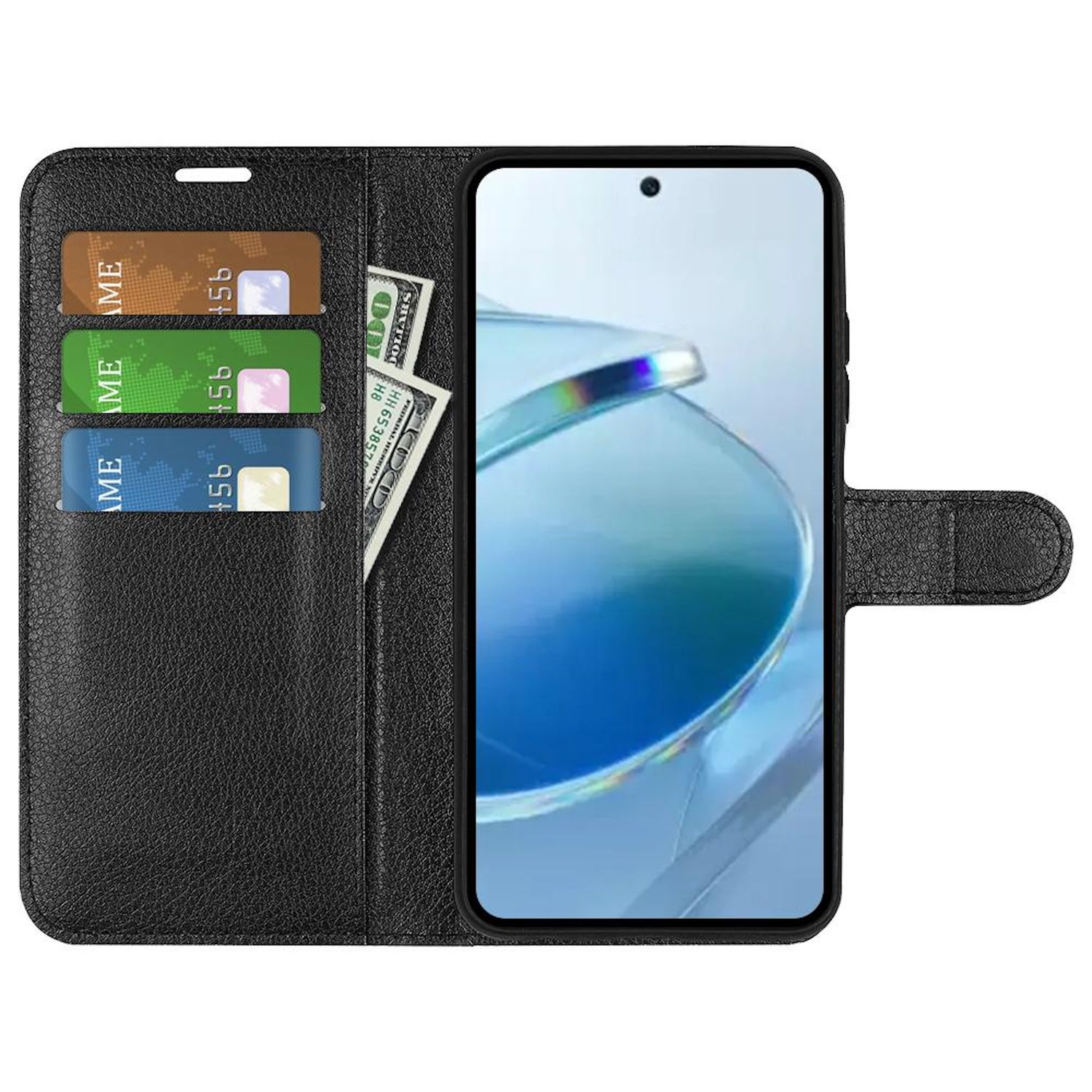 Funda de teléfono negra con smartphone, tarjetas de crédito y billetes de dólar. La pantalla del teléfono muestra un patrón azul y blanco.