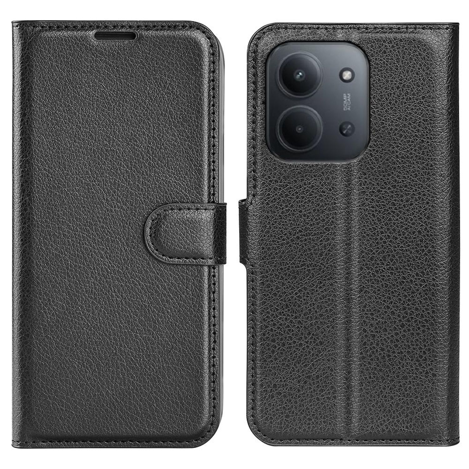 Funda de teléfono de cuero negro, abierta para revelar el teléfono con cámara de doble lente. La funda tiene un cierre magnético.