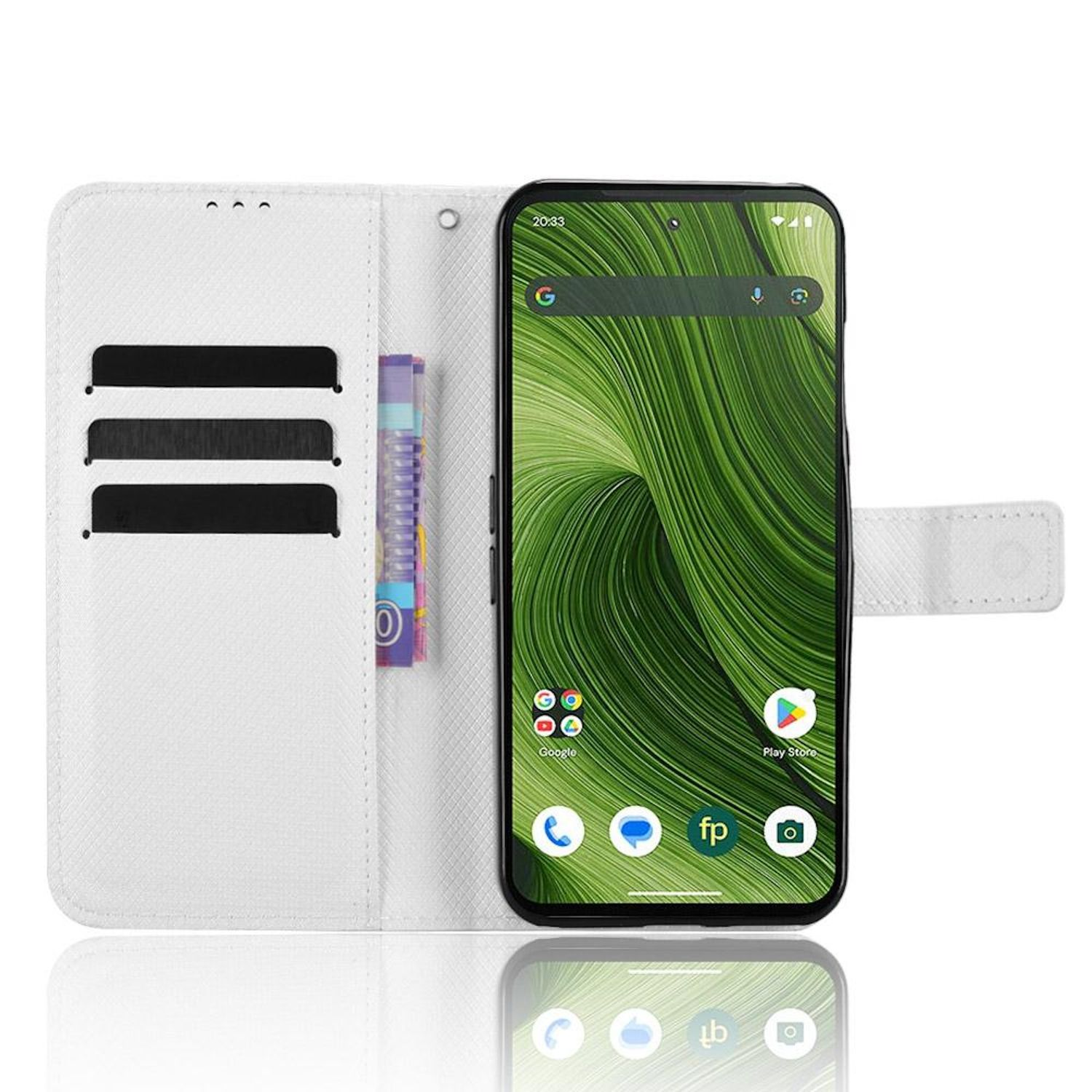 Eine weiße Handyhülle mit Smartphone. Das Telefon zeigt ein grünes Wellenmuster. Die Hülle hat Kartenfächer und ein Geldfach.