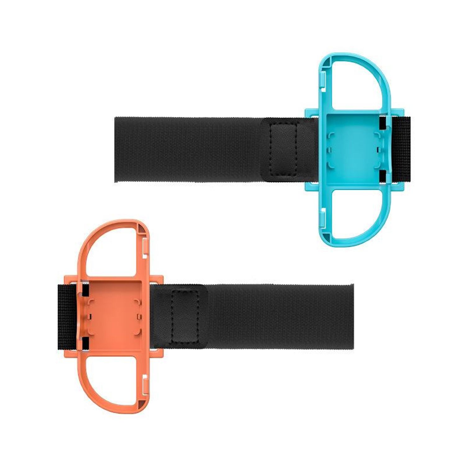 Dos correas para el brazo. Una tiene un soporte azul, la otra naranja. Ambas tienen correas de tela negra y fondo blanco.