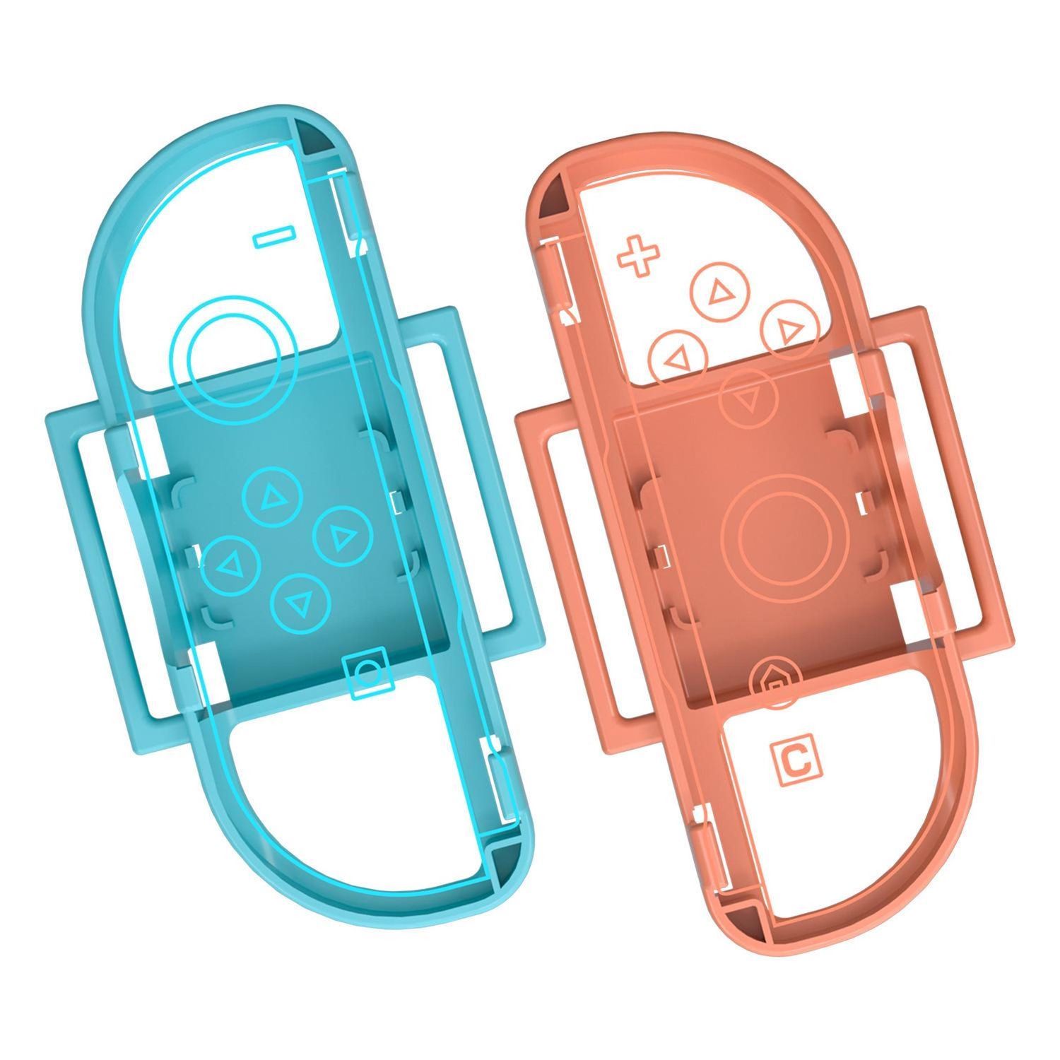 Dos carcasas transparentes de mando de juego, una verde azulado y otra naranja, con contornos de botones. Están sobre fondo blanco.
