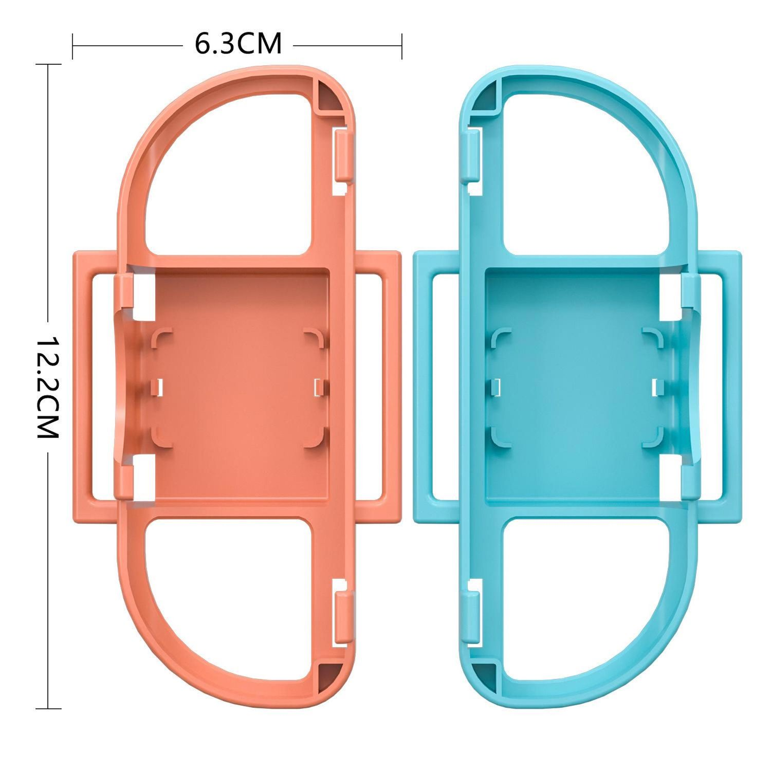 Dos soportes para teléfono. Uno es naranja, el otro azul. Miden 6,3 cm de ancho y 12,2 cm de alto. Cada uno tiene una parte superior curva y un cuerpo rectangular.