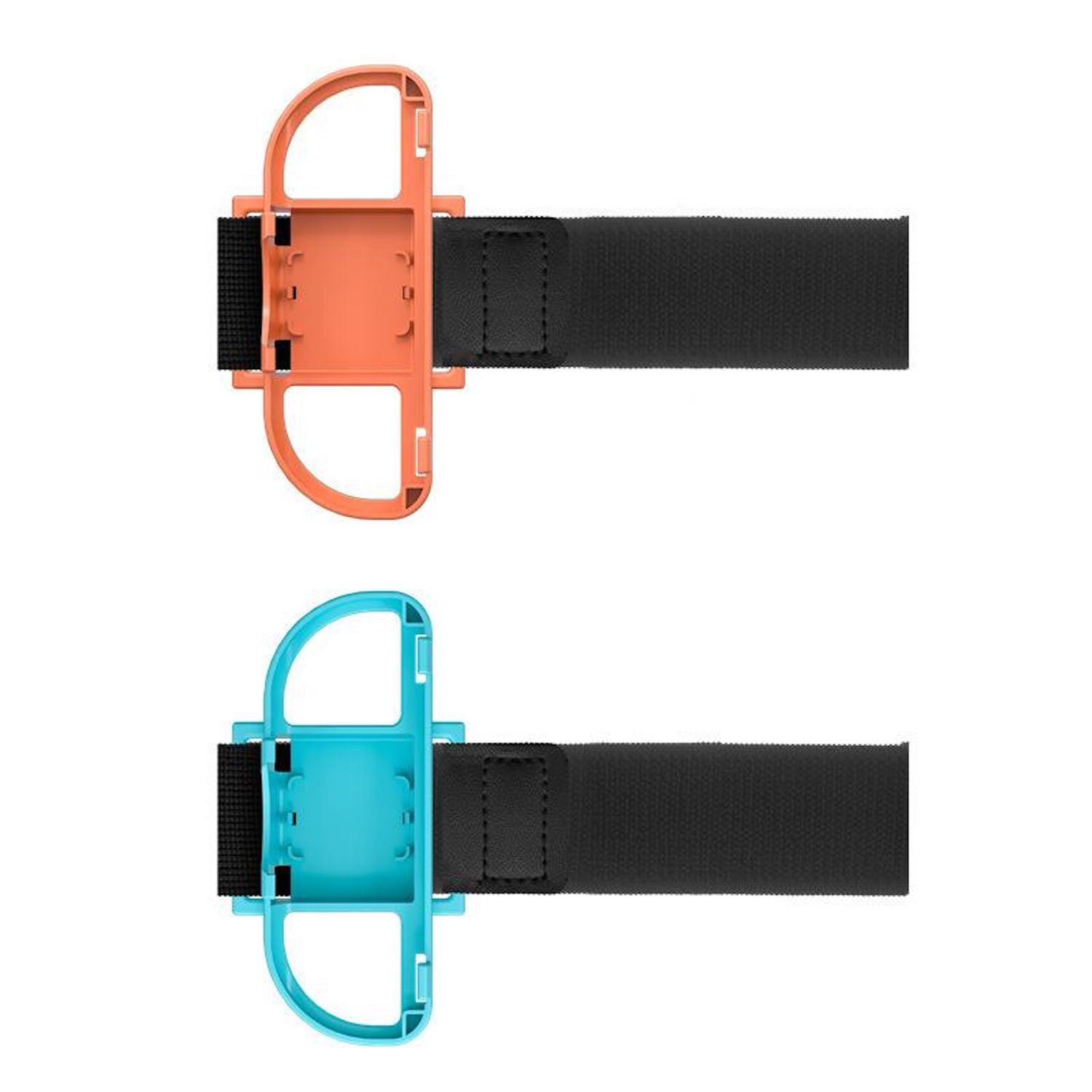 Dos brazaletes. Uno naranja y negro, el otro azul y negro. Cada uno tiene un soporte de plástico y una correa de velcro.