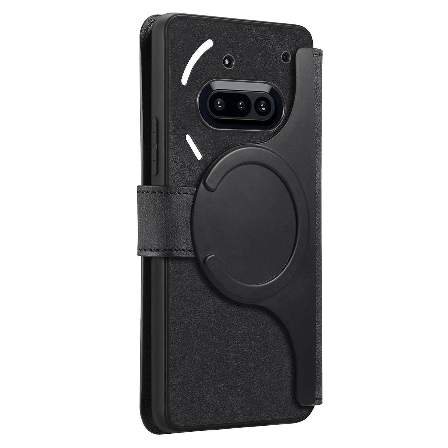Funda negra para teléfono con recorte para cámara de triple lente y agarre circular. La funda tiene cierre magnético.
