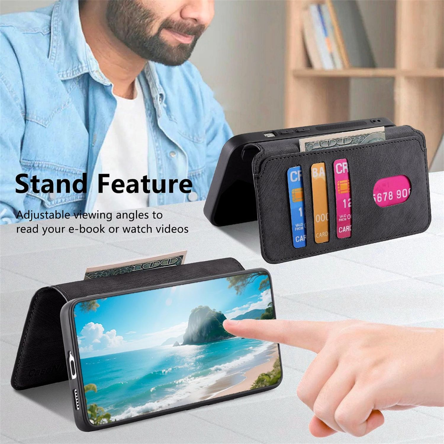 Un hombre demuestra una funda de teléfono con función de soporte. La funda contiene tarjetas y un billete, el teléfono muestra una escena de playa.