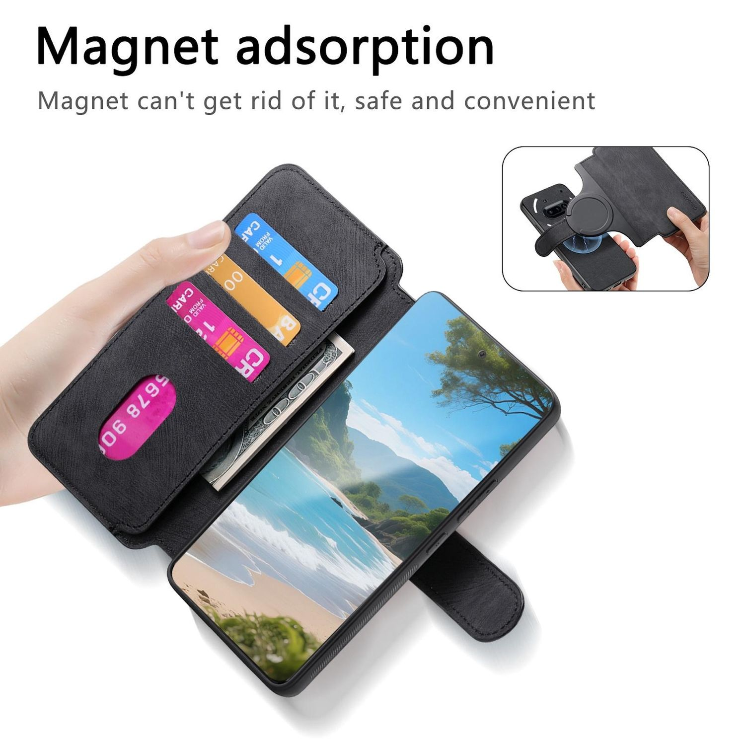 Una funda de teléfono con tarjetas, un teléfono que muestra un paisaje y un pequeño soporte para teléfono, todo sobre una superficie blanca.