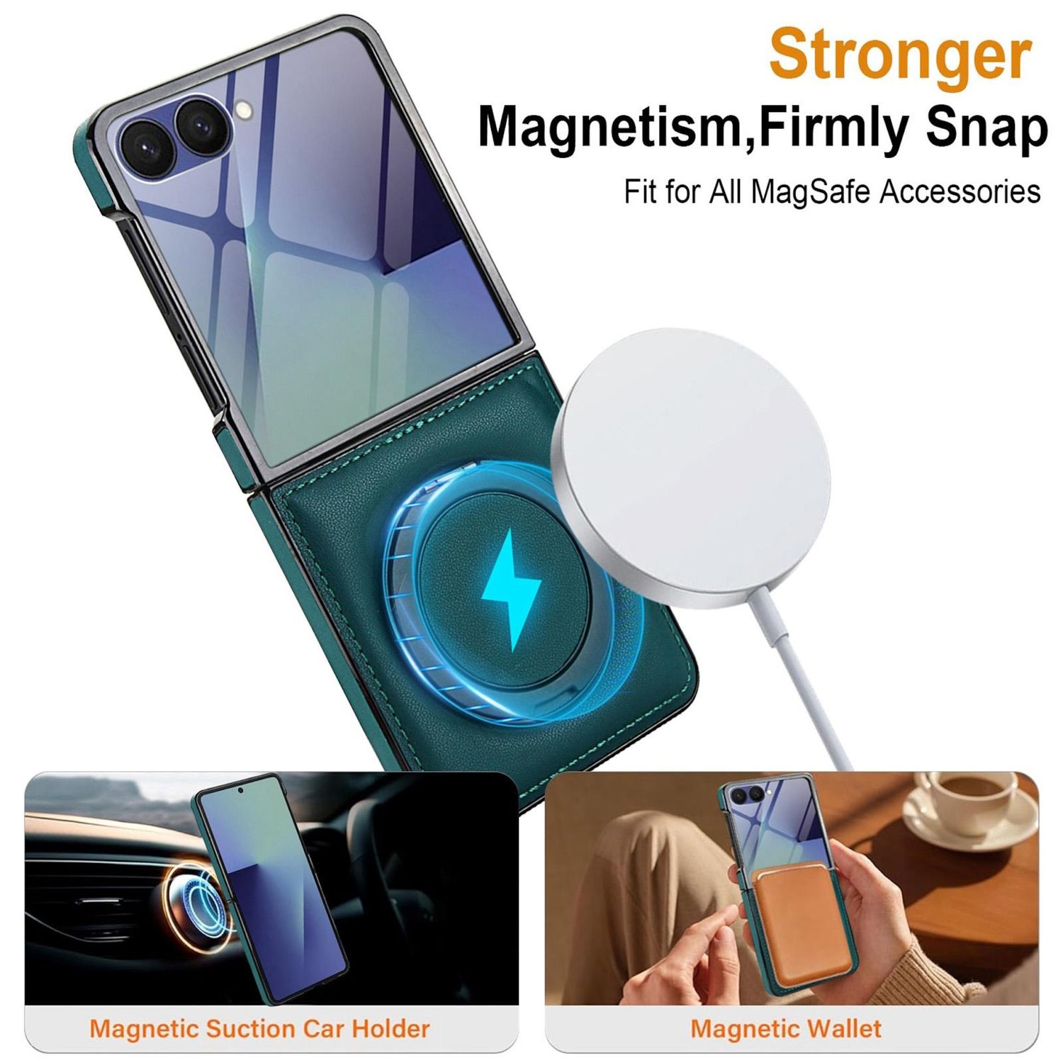 Handyhülle mit MagSafe-Ladegerät, Autohalterung und Geldbörse. Eigenschaften: starker Magnetismus und fester Schnappverschluss.