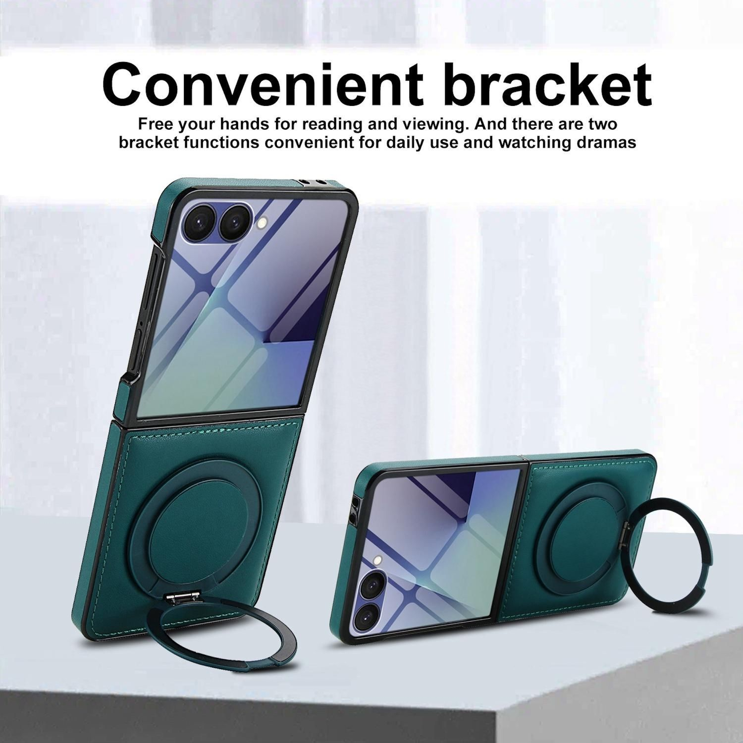Zwei tealfarbene Handyhüllen mit Ringhaltern werden angezeigt. Eine ist offen, die andere geschlossen. Der Text oben lautet 'Convenient bracket'.