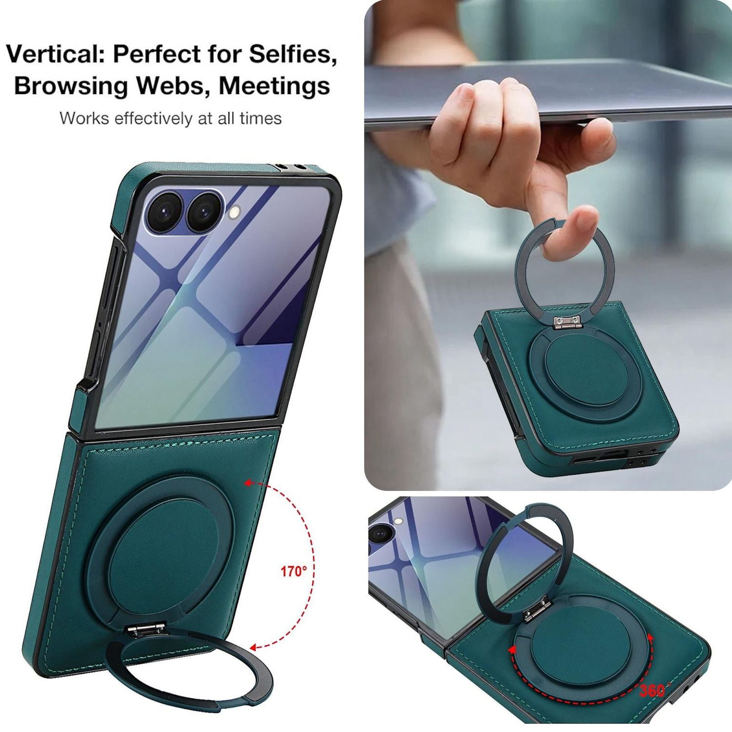Eine tealfarbene Handyhülle mit Ringhalter wird in verschiedenen Positionen gezeigt. Sie ist perfekt für Selfies, Surfen und Meetings.