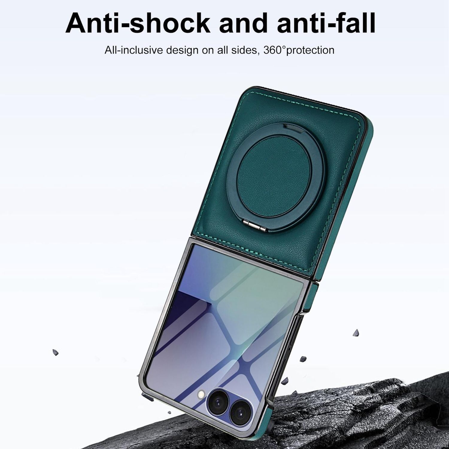 Eine tealfarbene Handyhülle mit einem Ringhalter ist halb geöffnet und zeigt ein Telefon. Der Text lautet 'Anti-Schock und Anti-Sturz'.