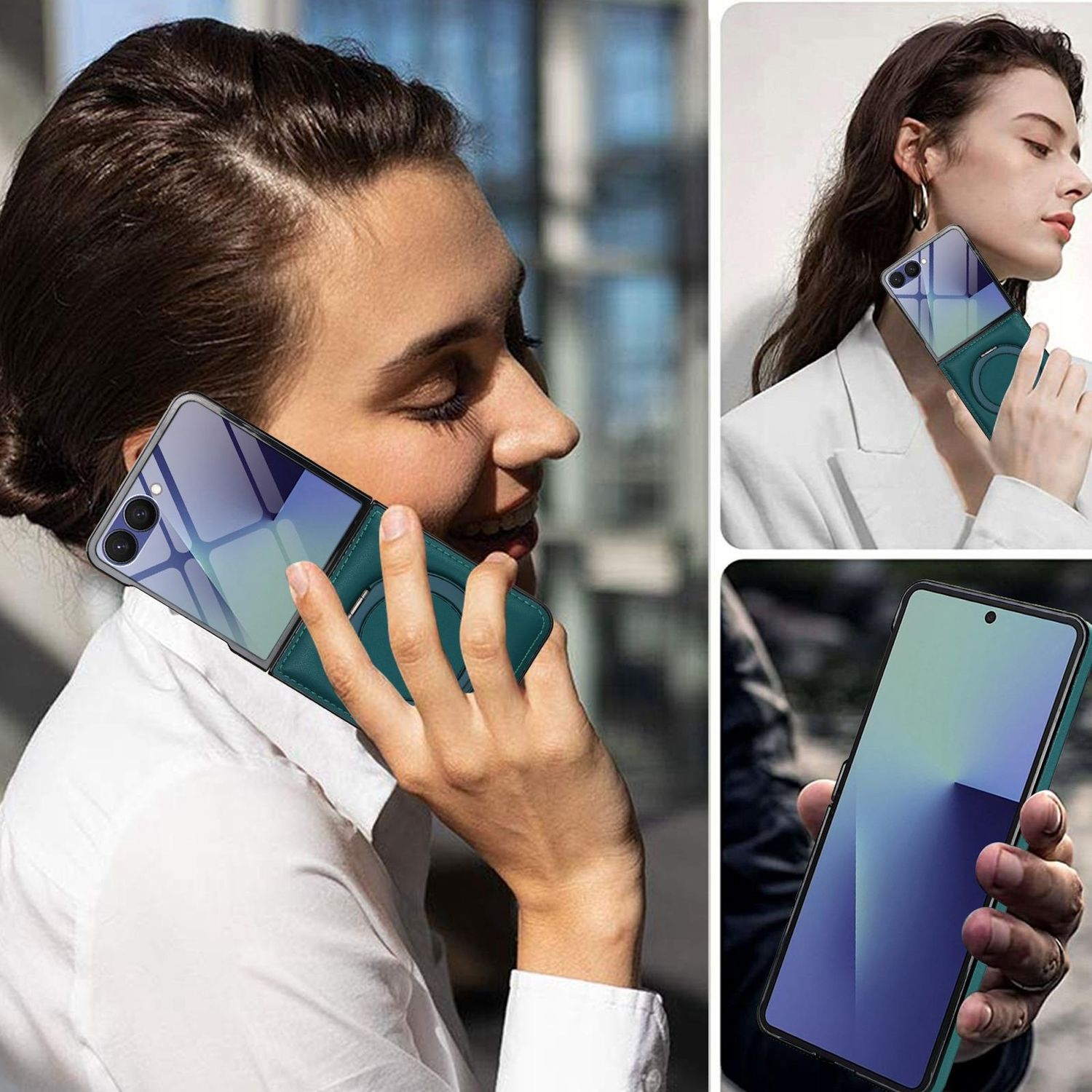 Frau hält ein Telefon mit grüner Hülle. Andere Bilder zeigen verschiedene Blickwinkel des Telefons und der Hülle. Das Telefon zeigt einen Farbverlauf.