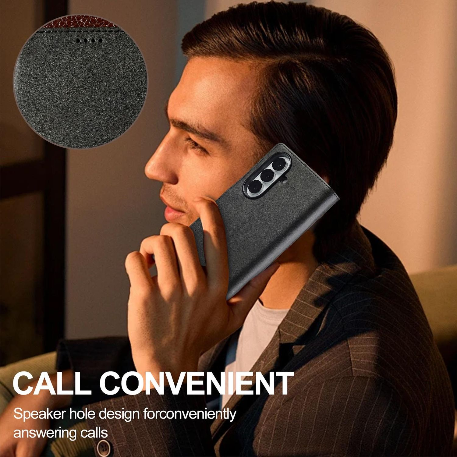 Ein Mann hält ein Telefon an sein Ohr und präsentiert eine Handyhülle. Der Text lautet 'CALL CONVENIENT'. Die Hülle hat ein Lautsprecherlochdesign.