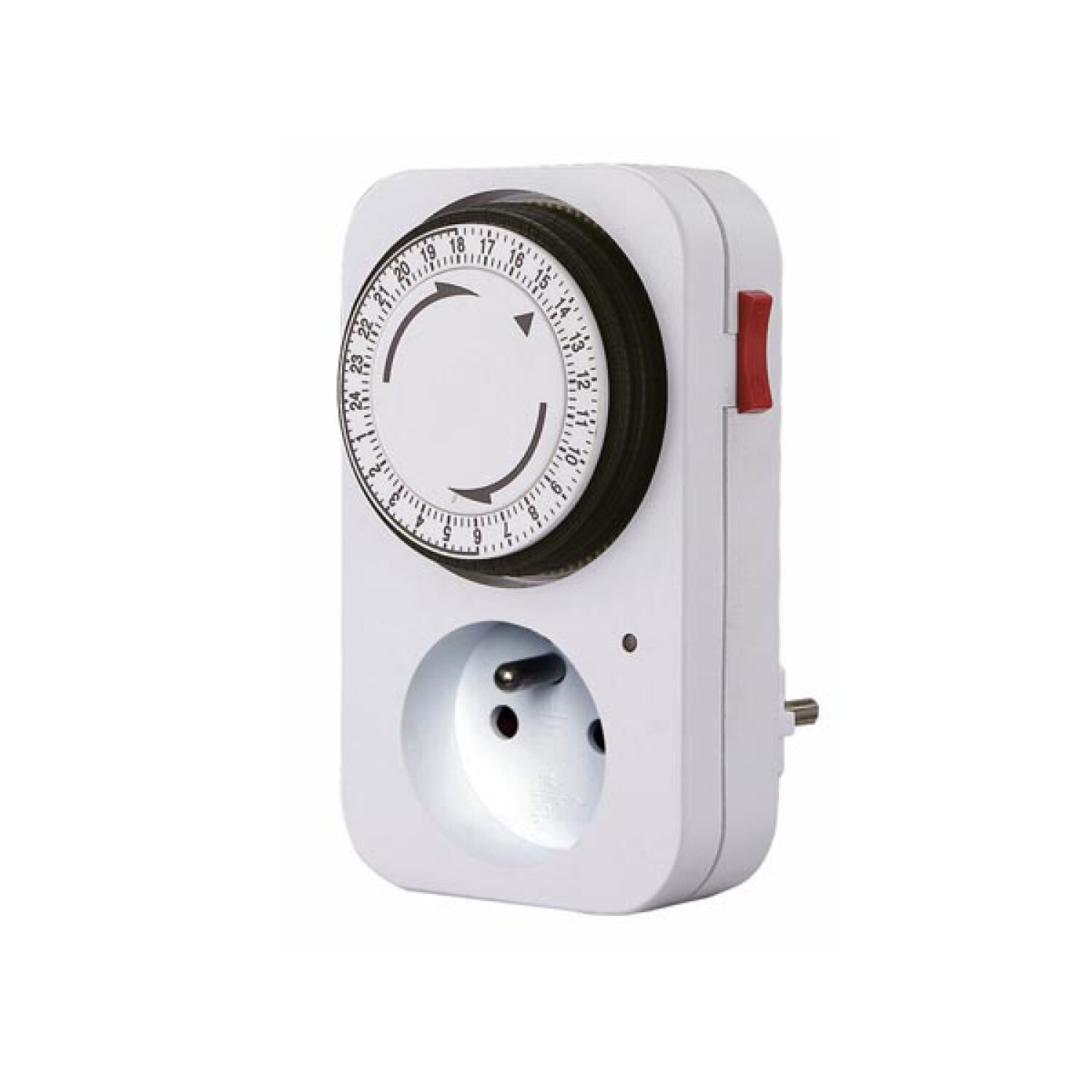 Un timer elettrico bianco con quadrante nero con numeri e frecce. Ha un pulsante rosso e una presa.