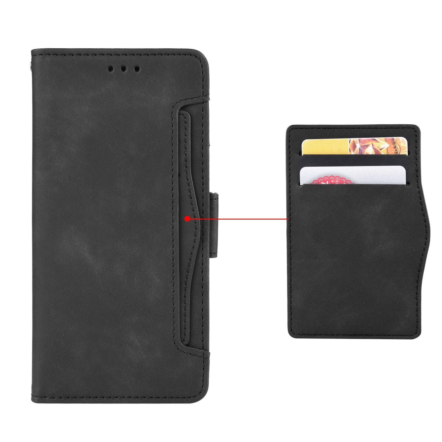 Schwarze Leder-Handyhülle mit separatem Kartenhalter. Das Etui ist geschlossen, der Kartenhalter enthält Karten.